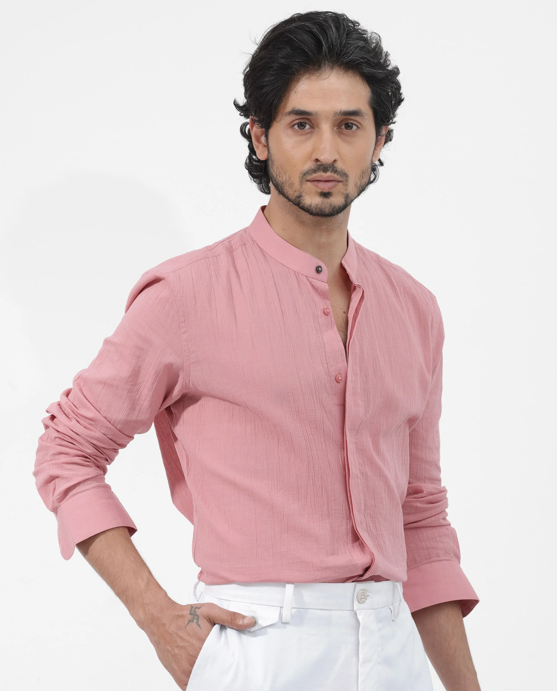 Rare Rabbit Men's Crinkle Ls Pink Cotton Plain Regular Fit Full Sleeve Mandarin Collar Shirt - Image 7