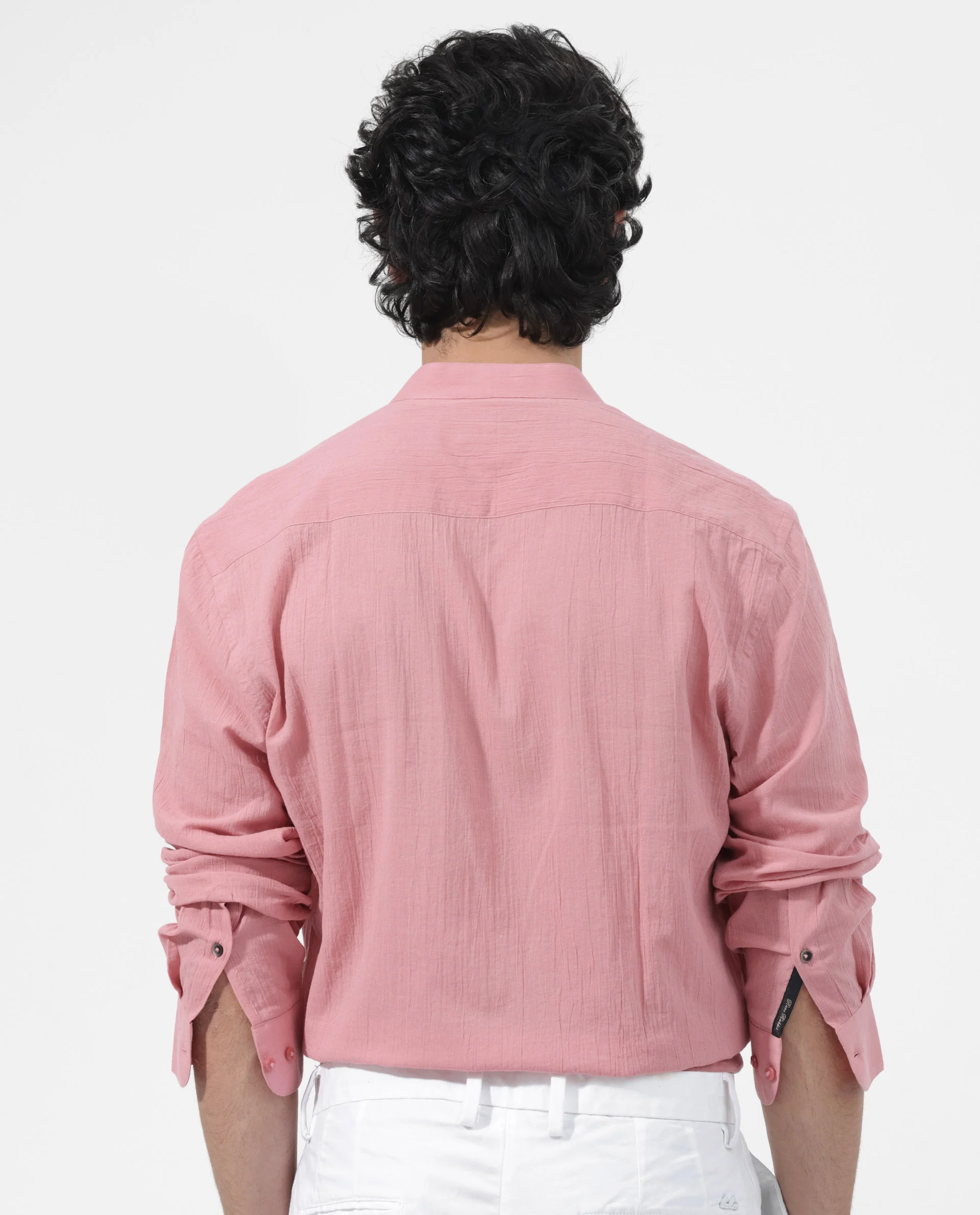 Rare Rabbit Men's Crinkle Ls Pink Cotton Plain Regular Fit Full Sleeve Mandarin Collar Shirt - Image 8