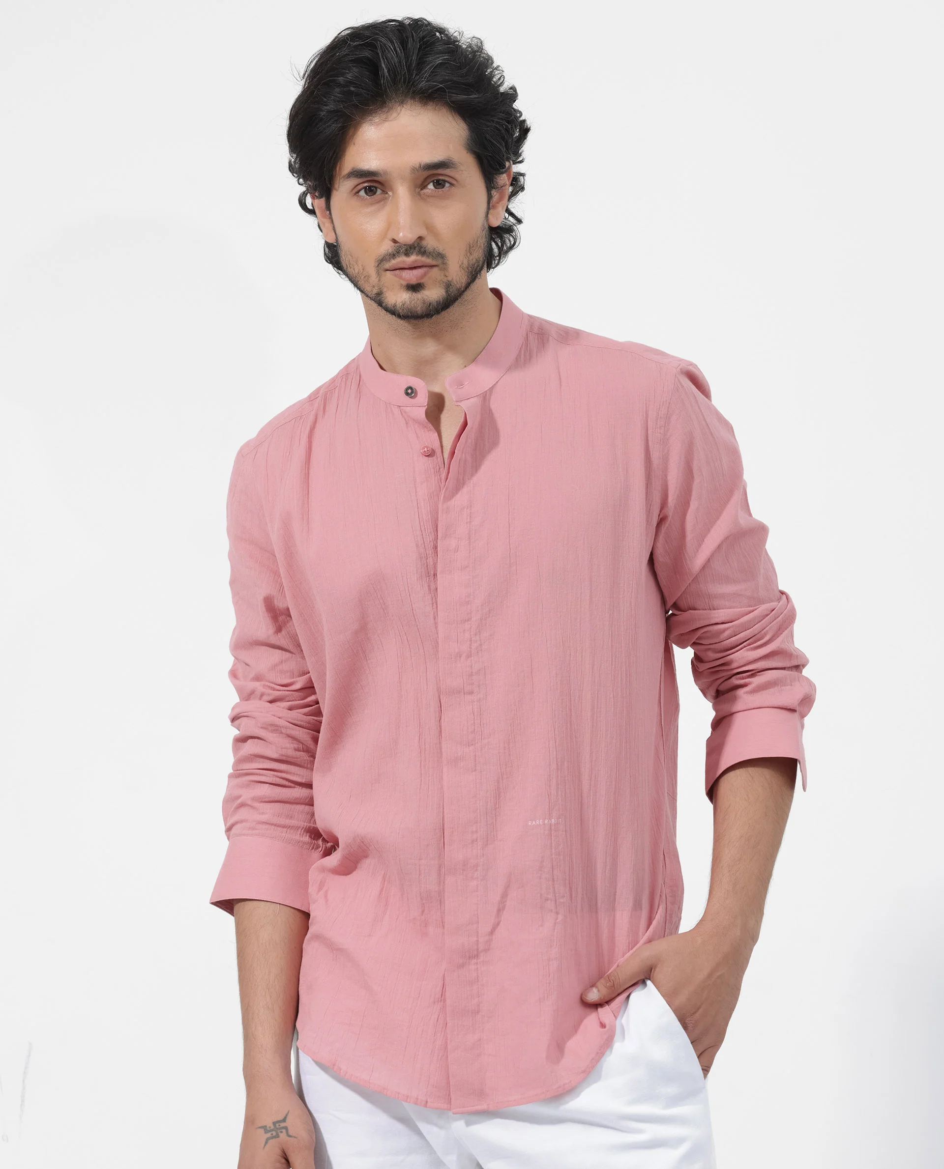 Rare Rabbit Men's Crinkle Ls Pink Cotton Plain Regular Fit Full Sleeve Mandarin Collar Shirt - Image 9