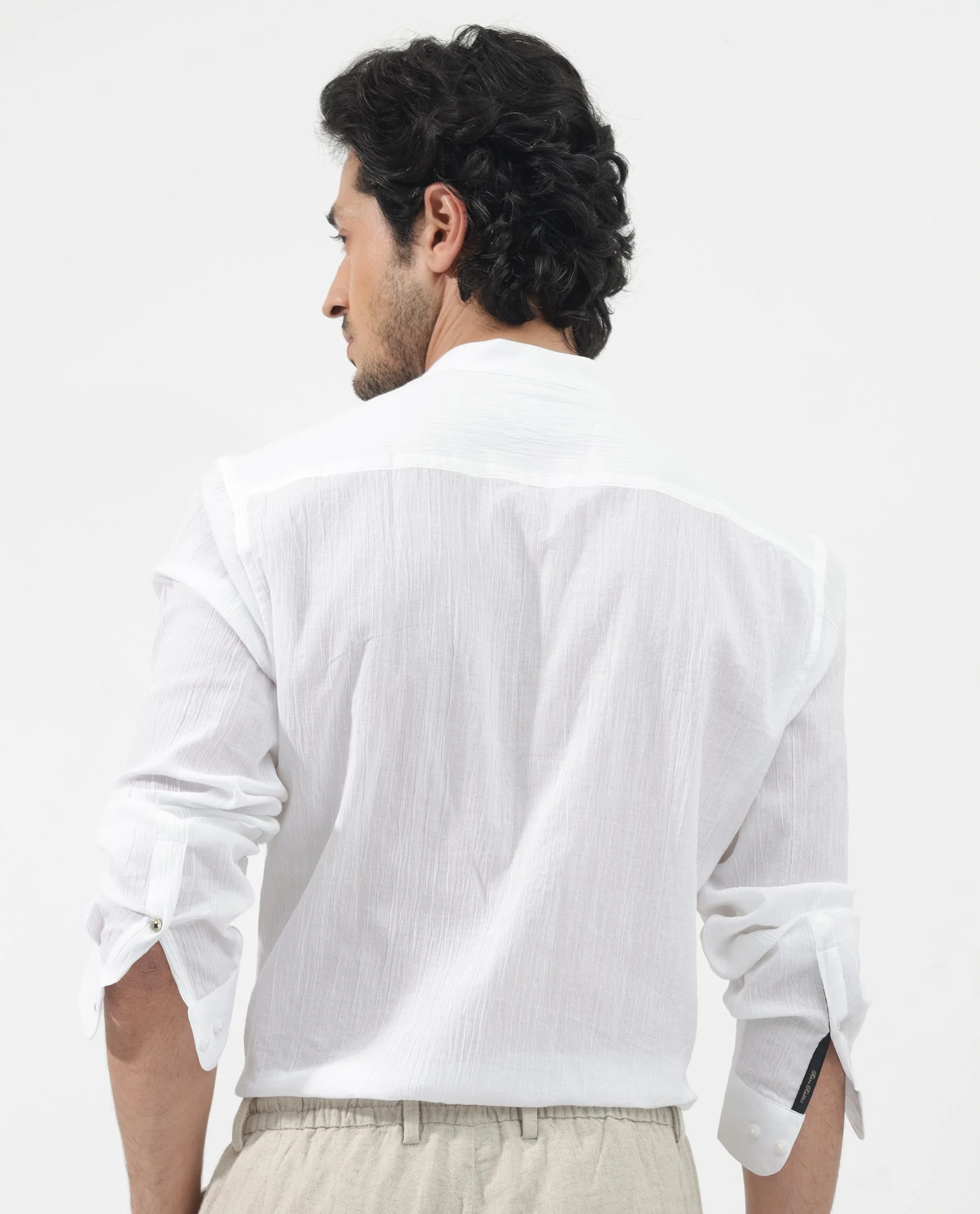 Rare Rabbit Men's Crinkle Ls White Cotton Plain Regular Fit Full Sleeve Mandarin Collar Shirt - Image 10