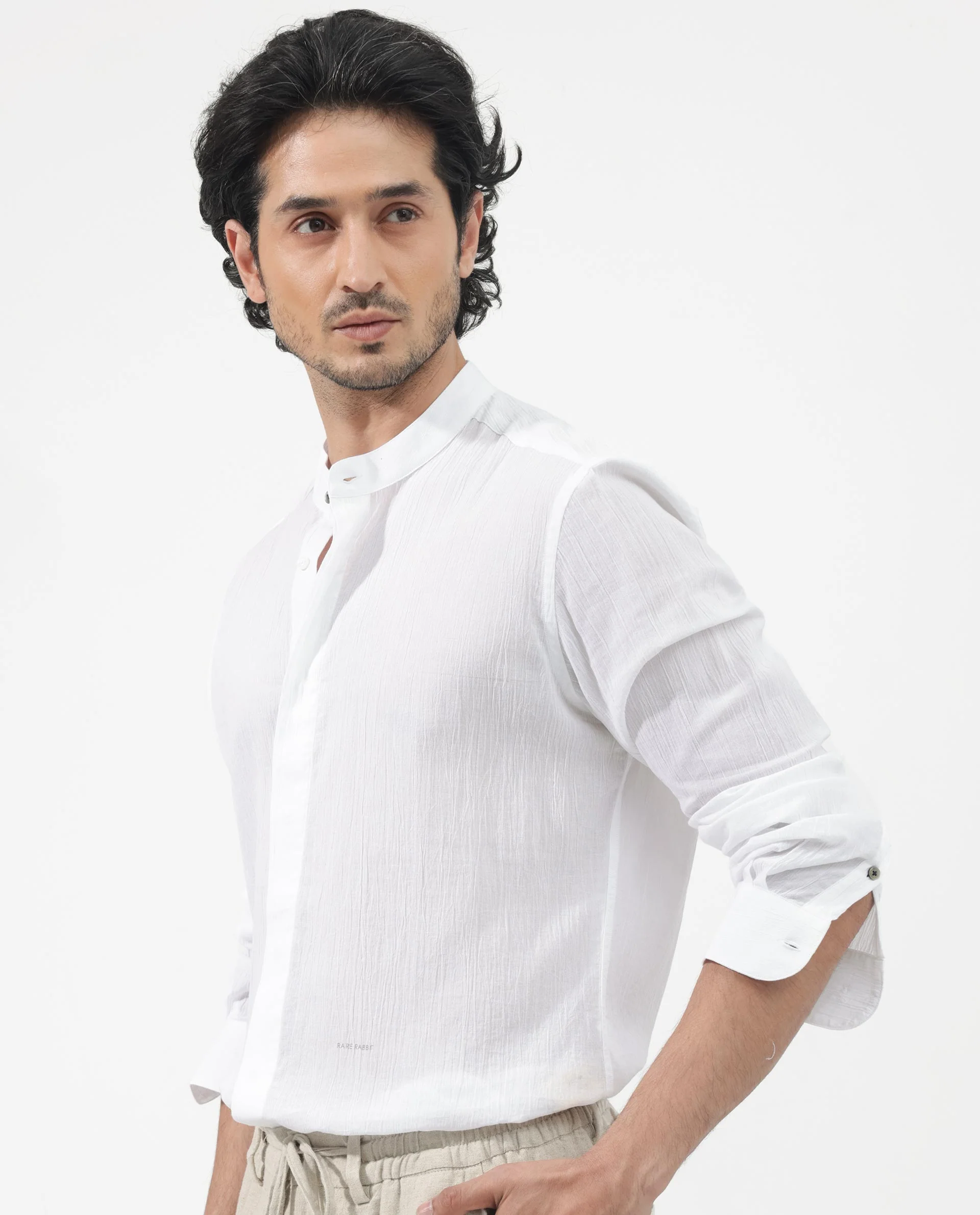Rare Rabbit Men's Crinkle Ls White Cotton Plain Regular Fit Full Sleeve Mandarin Collar Shirt - Image 4