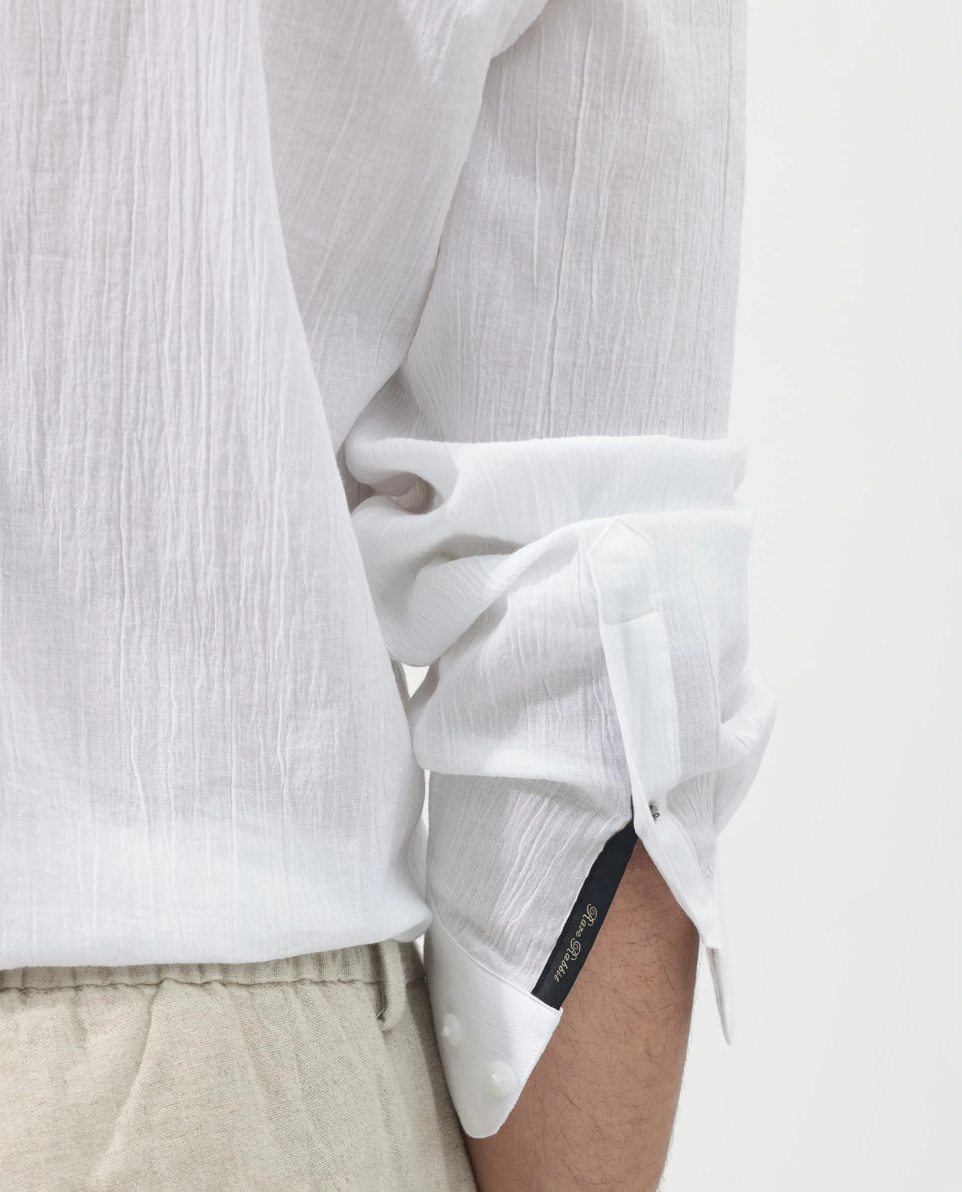 Rare Rabbit Men's Crinkle Ls White Cotton Plain Regular Fit Full Sleeve Mandarin Collar Shirt - Image 5