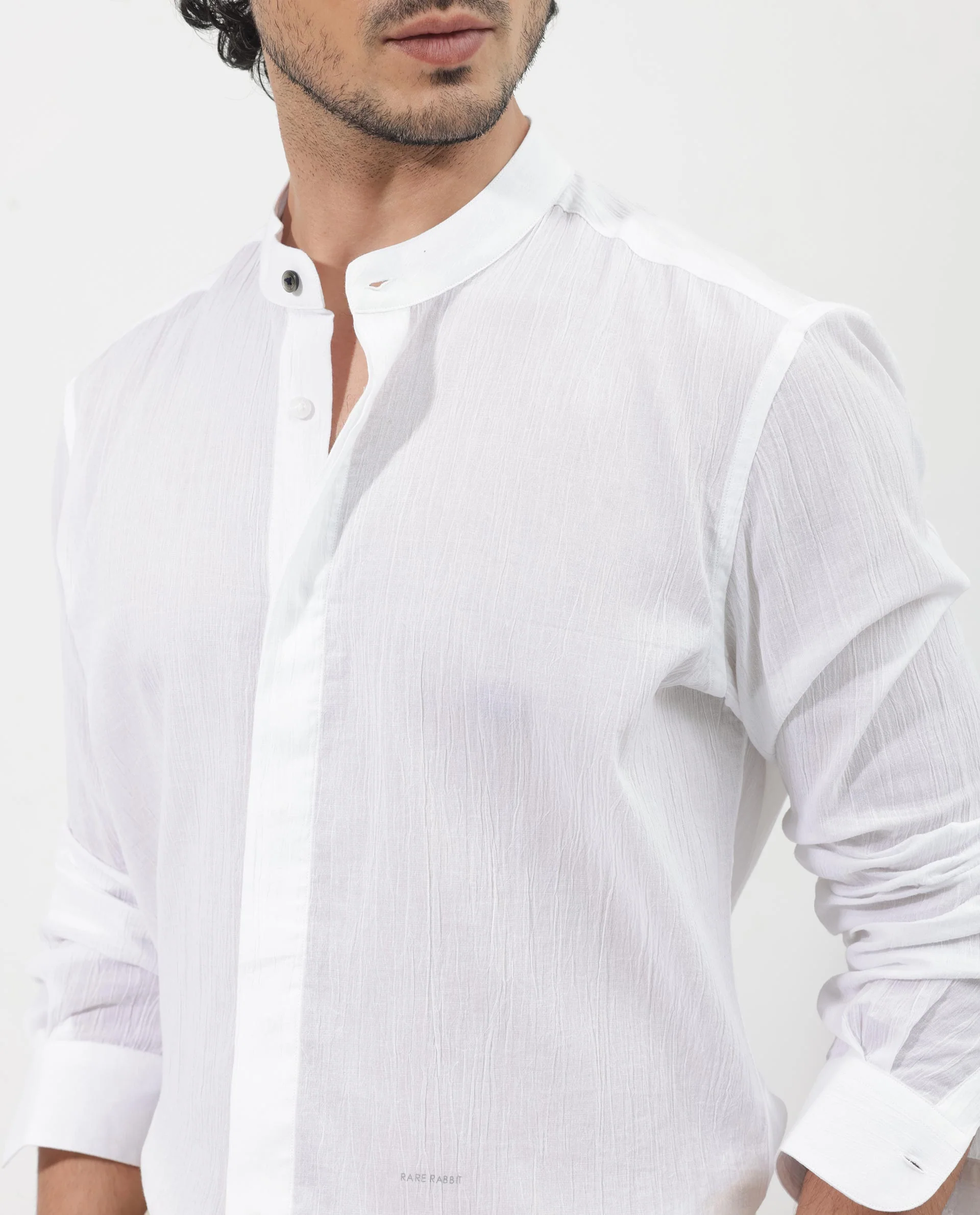 Rare Rabbit Men's Crinkle Ls White Cotton Plain Regular Fit Full Sleeve Mandarin Collar Shirt - Image 6