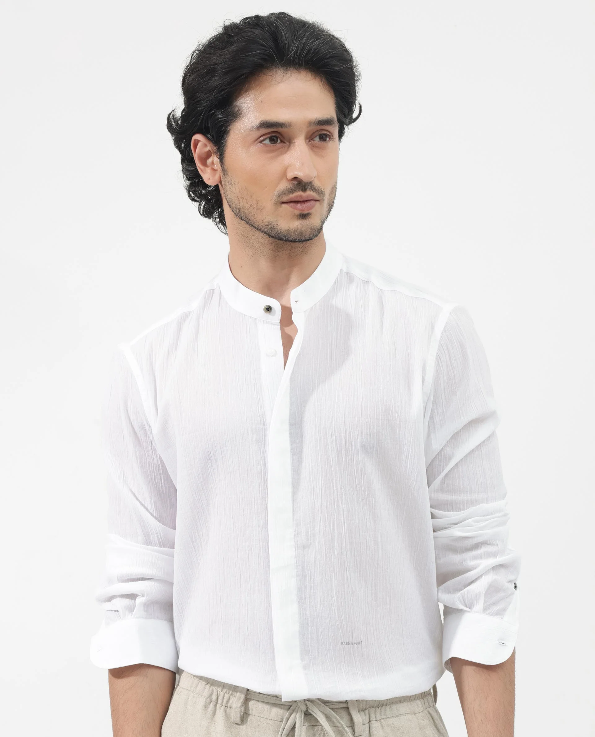 Rare Rabbit Men's Crinkle Ls White Cotton Plain Regular Fit Full Sleeve Mandarin Collar Shirt - Image 7