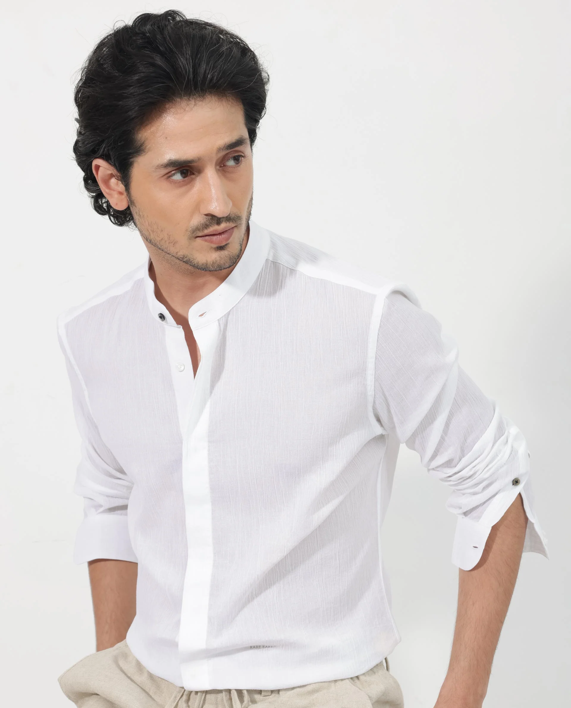 Rare Rabbit Men's Crinkle Ls White Cotton Plain Regular Fit Full Sleeve Mandarin Collar Shirt - Image 8