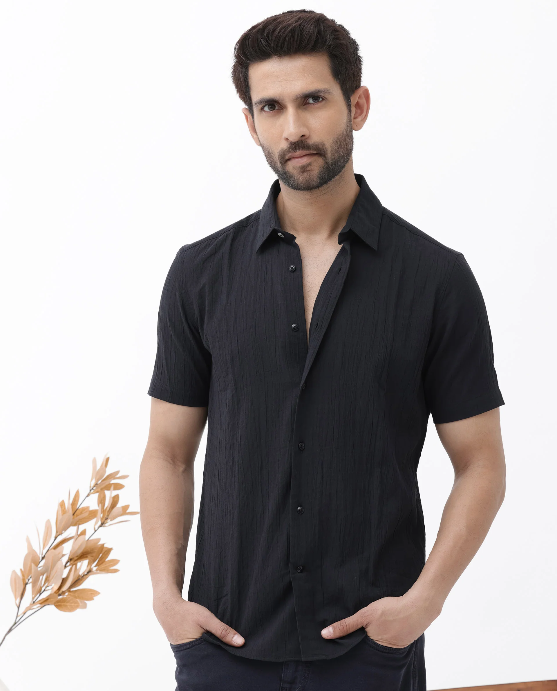 Rare Rabbit Men's Crinkle Ss Black Cotton Plain Boxy Fit Half Sleeve Collared Shirt - Image 10