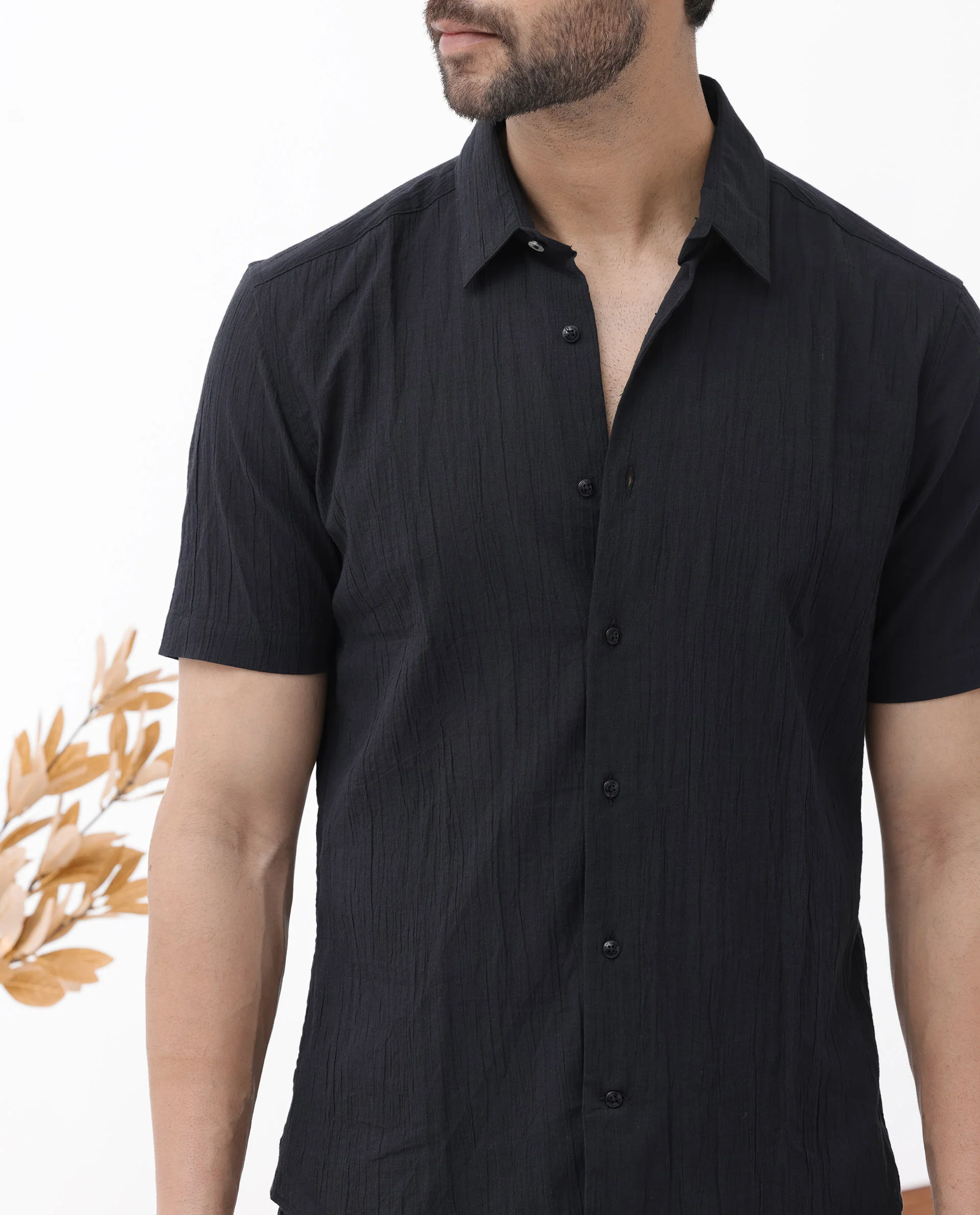 Rare Rabbit Men's Crinkle Ss Black Cotton Plain Boxy Fit Half Sleeve Collared Shirt - Image 4