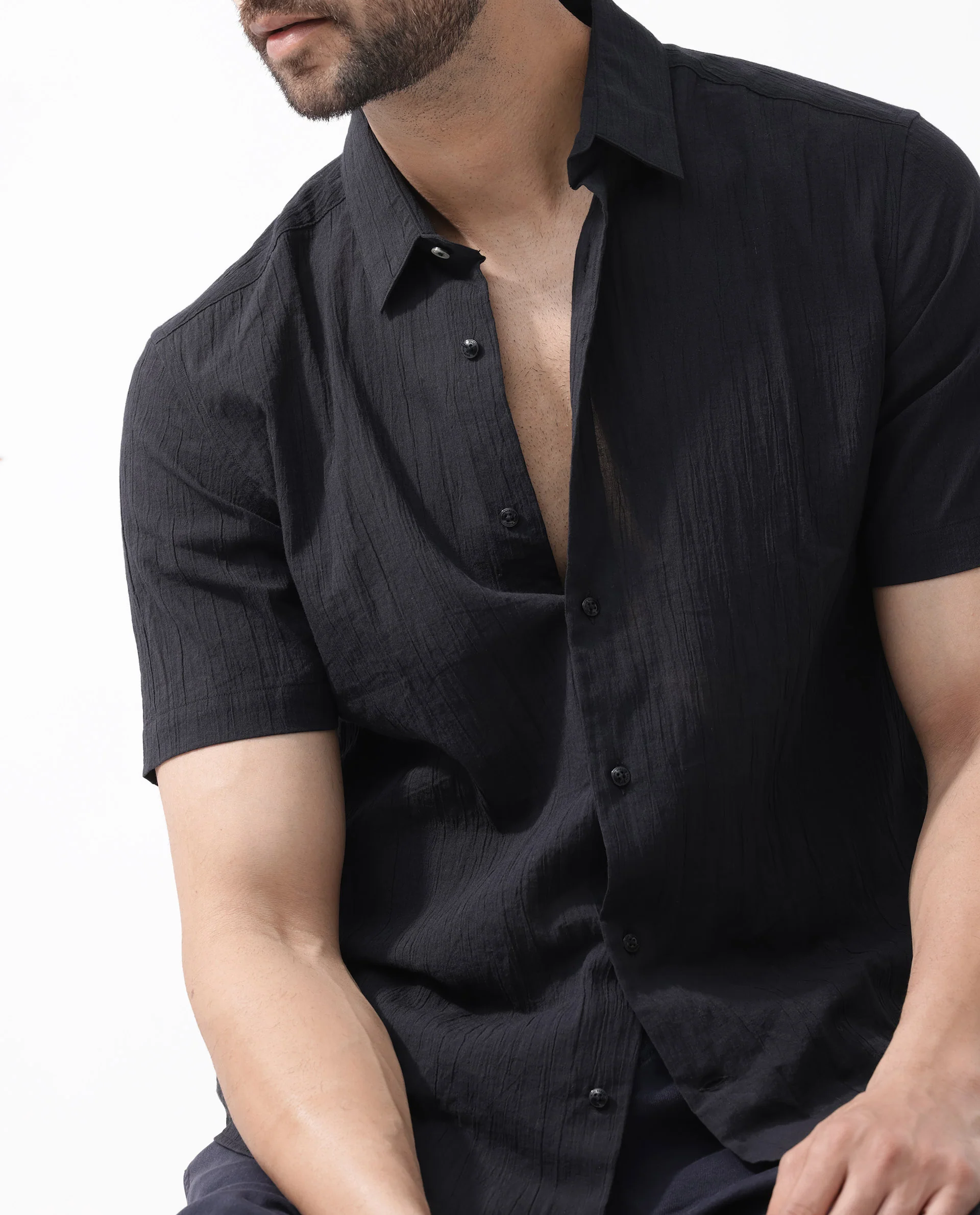 Rare Rabbit Men's Crinkle Ss Black Cotton Plain Boxy Fit Half Sleeve Collared Shirt - Image 5