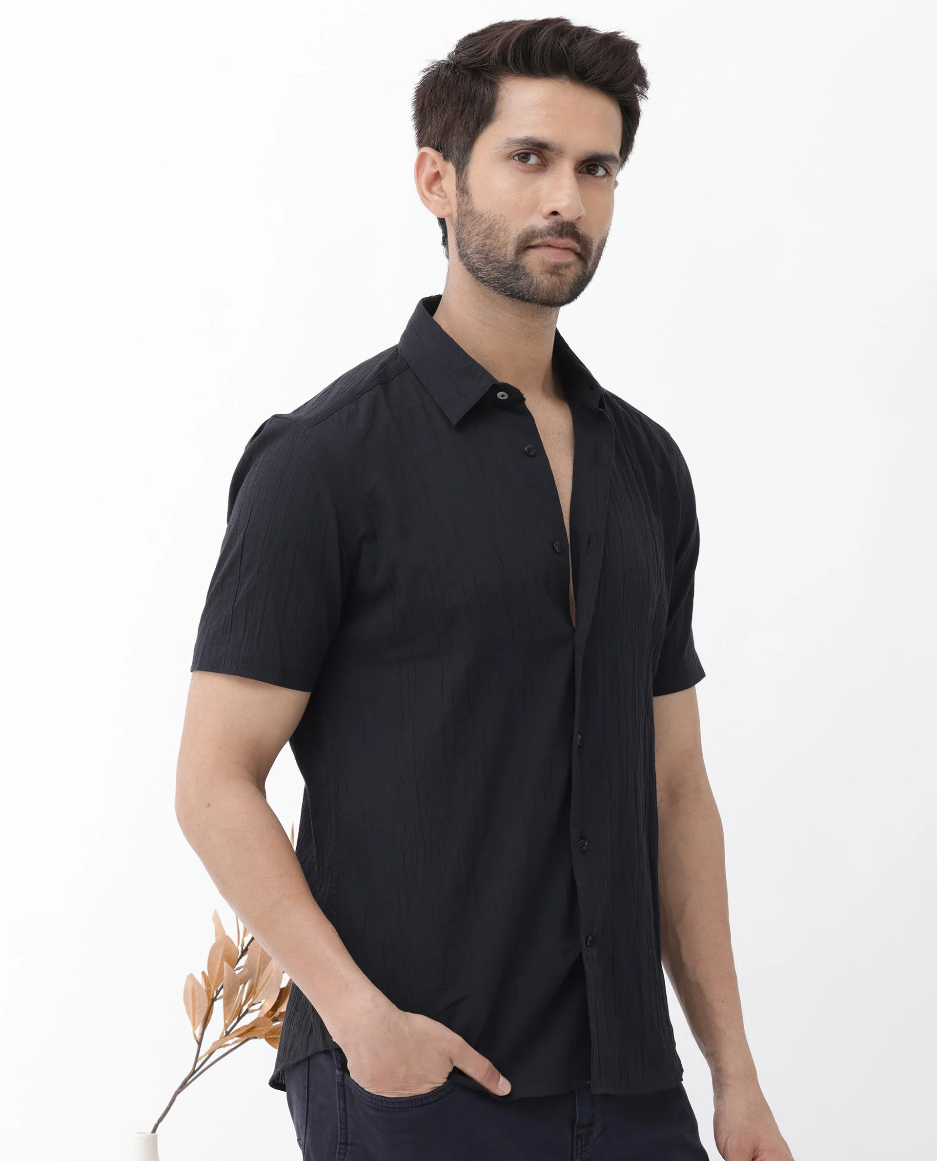 Rare Rabbit Men's Crinkle Ss Black Cotton Plain Boxy Fit Half Sleeve Collared Shirt - Image 7