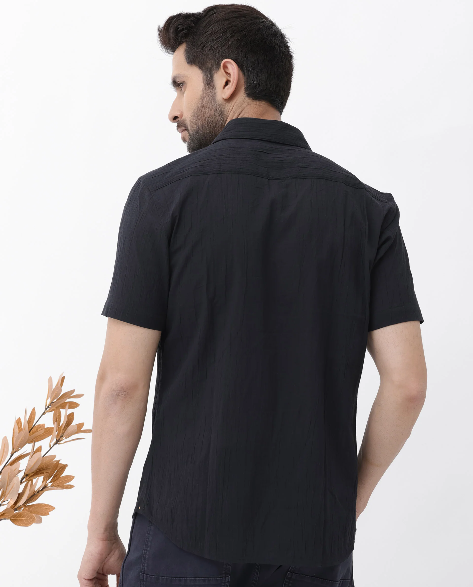 Rare Rabbit Men's Crinkle Ss Black Cotton Plain Boxy Fit Half Sleeve Collared Shirt - Image 9