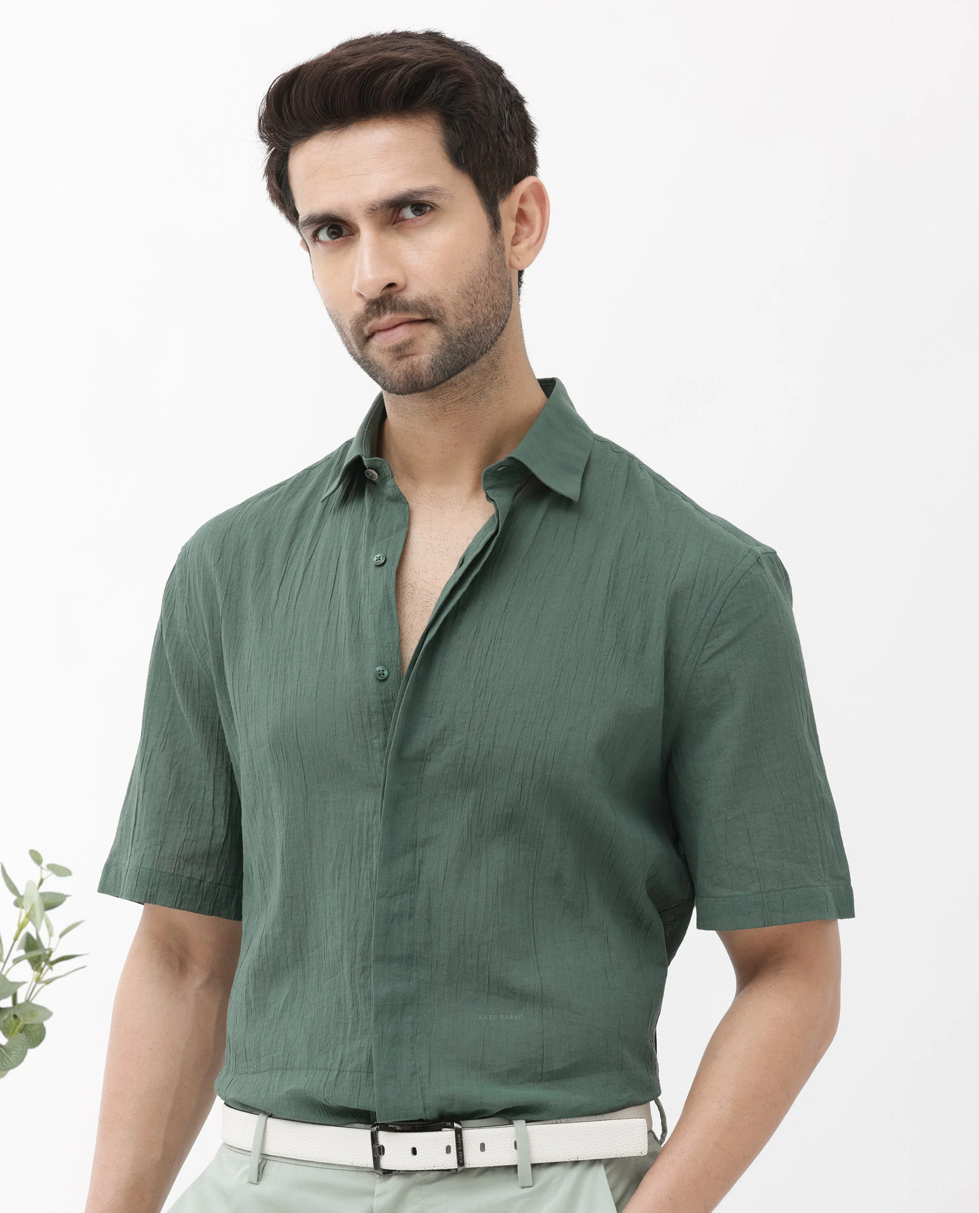 Rare Rabbit Men's Crinkle Ss Dusky Green Cotton Plain Boxy Fit Half Sleeve Collared Shirt