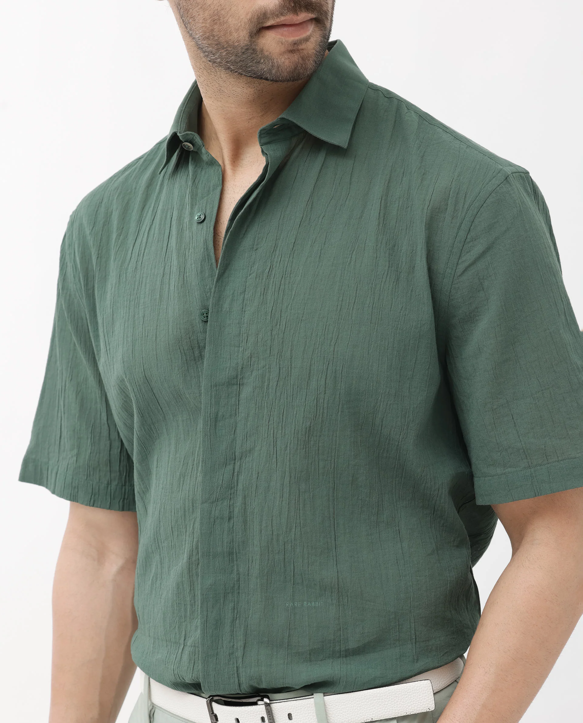 Rare Rabbit Men's Crinkle Ss Dusky Green Cotton Plain Boxy Fit Half Sleeve Collared Shirt - Image 4