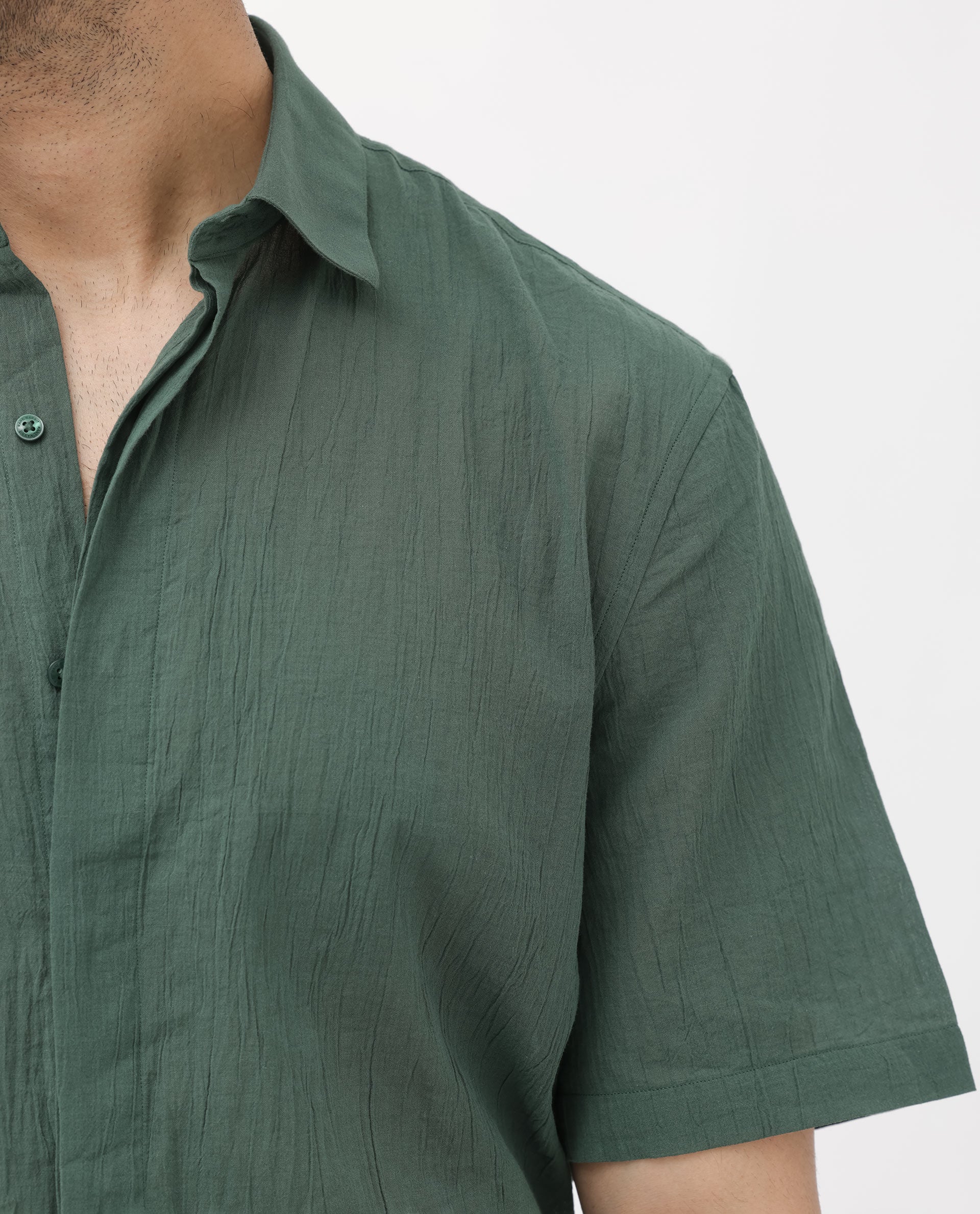 Rare Rabbit Men's Crinkle Ss Dusky Green Cotton Plain Boxy Fit Half Sleeve Collared Shirt - Image 5