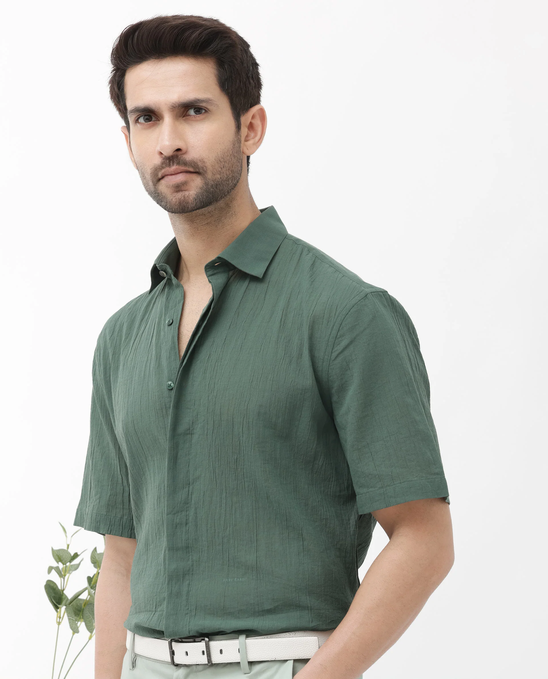 Rare Rabbit Men's Crinkle Ss Dusky Green Cotton Plain Boxy Fit Half Sleeve Collared Shirt - Image 9