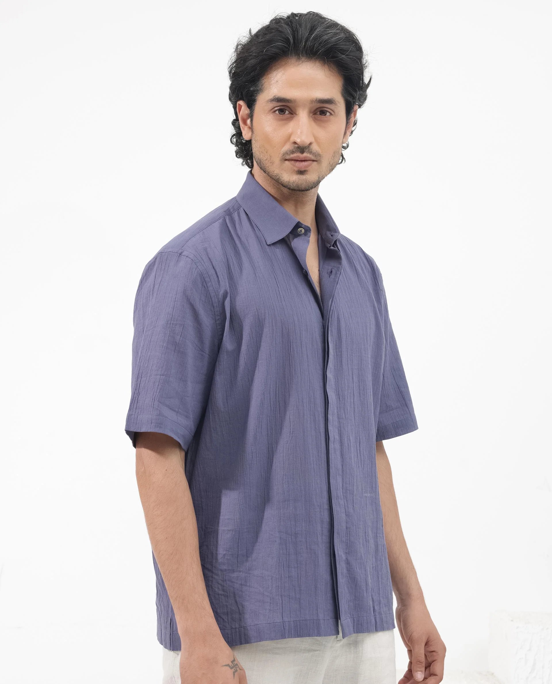 Rare Rabbit Men's Crinkle Ss Dusky Purple Cotton Plain Boxy Fit Half Sleeve Collared Shirt - Image 3