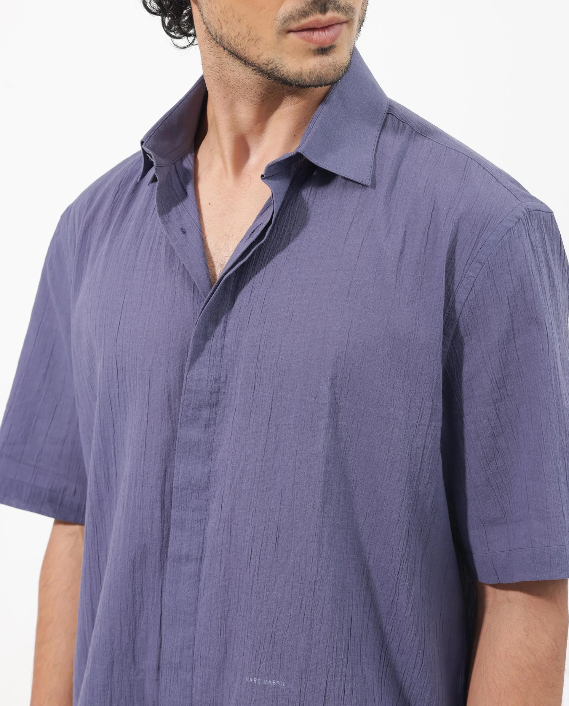 Rare Rabbit Men's Crinkle Ss Dusky Purple Cotton Plain Boxy Fit Half Sleeve Collared Shirt - Image 5
