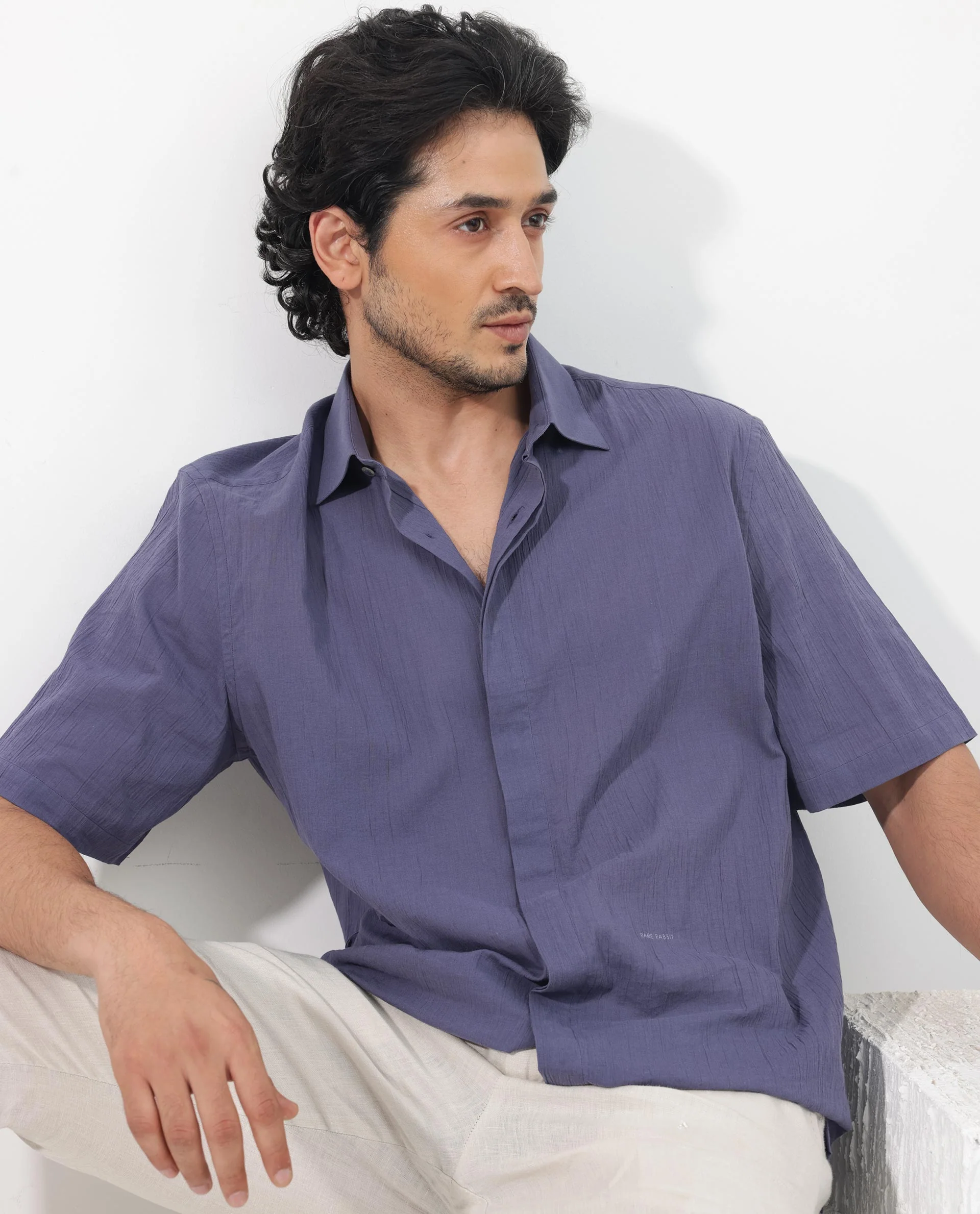 Rare Rabbit Men's Crinkle Ss Dusky Purple Cotton Plain Boxy Fit Half Sleeve Collared Shirt - Image 6