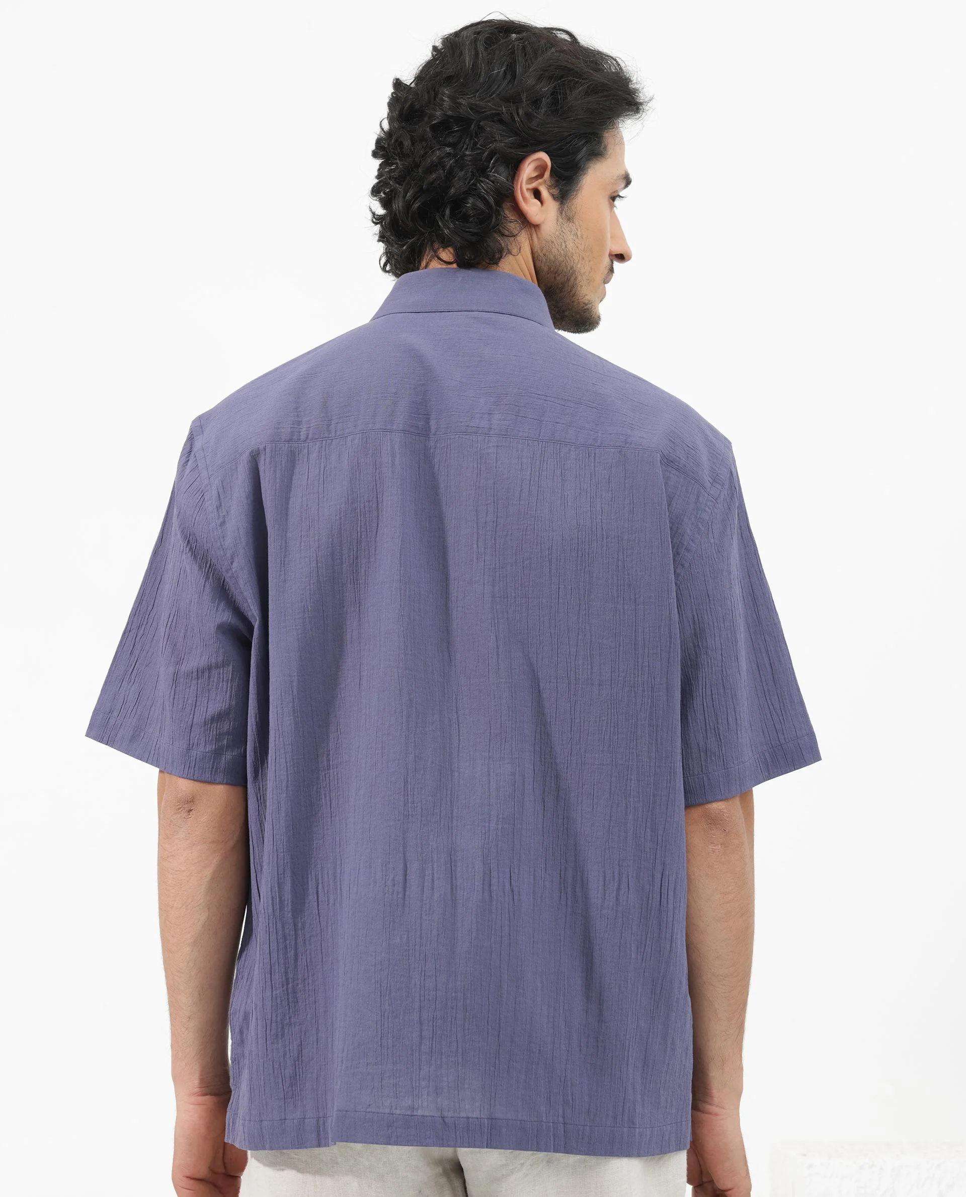 Rare Rabbit Men's Crinkle Ss Dusky Purple Cotton Plain Boxy Fit Half Sleeve Collared Shirt - Image 7