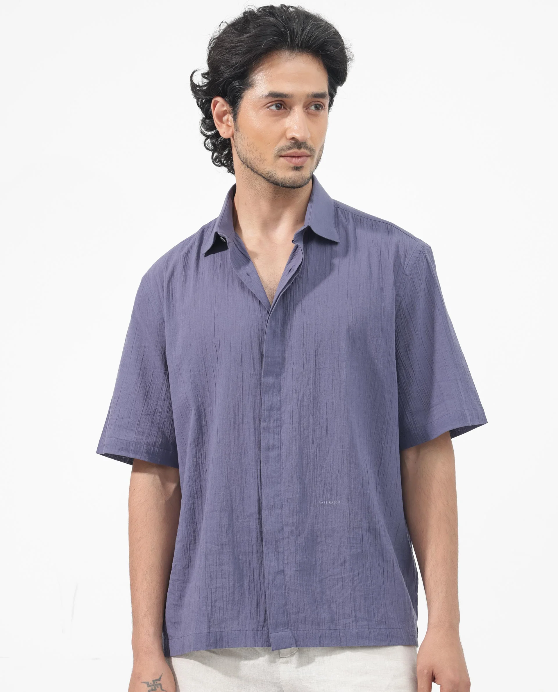 Rare Rabbit Men's Crinkle Ss Dusky Purple Cotton Plain Boxy Fit Half Sleeve Collared Shirt - Image 8