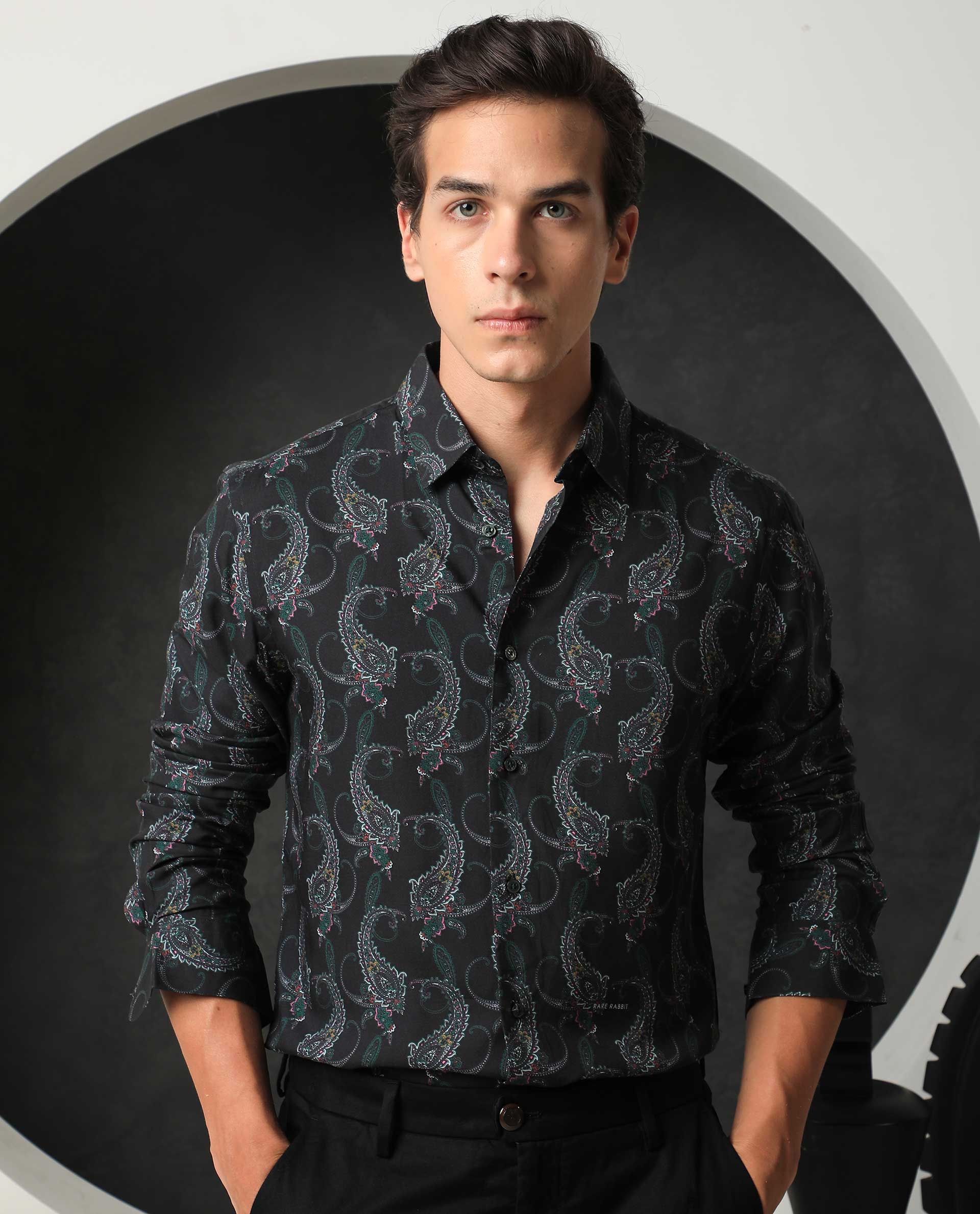 Rare Rabbit Men's Crislon Black Cotton Paisley Print Regular Fit Full Sleeve Collared Shirt - Image 2