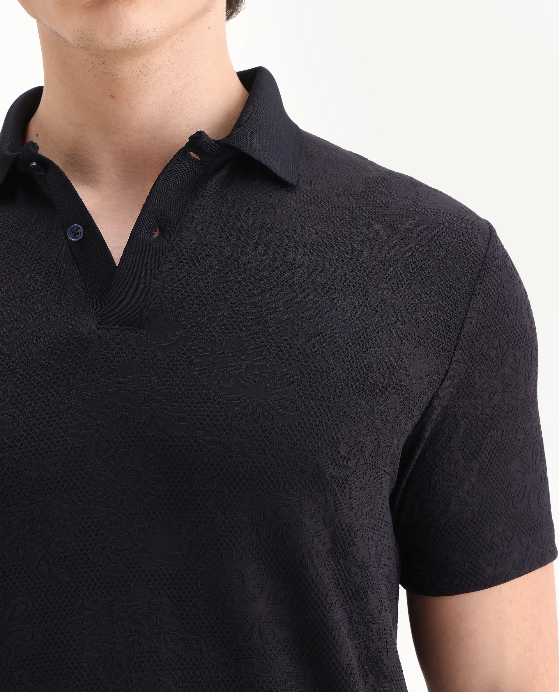 Rare Rabbit Men's Criuse Navy Polyester Jacquard Regular Fit Half Sleeve Polo - Image 3