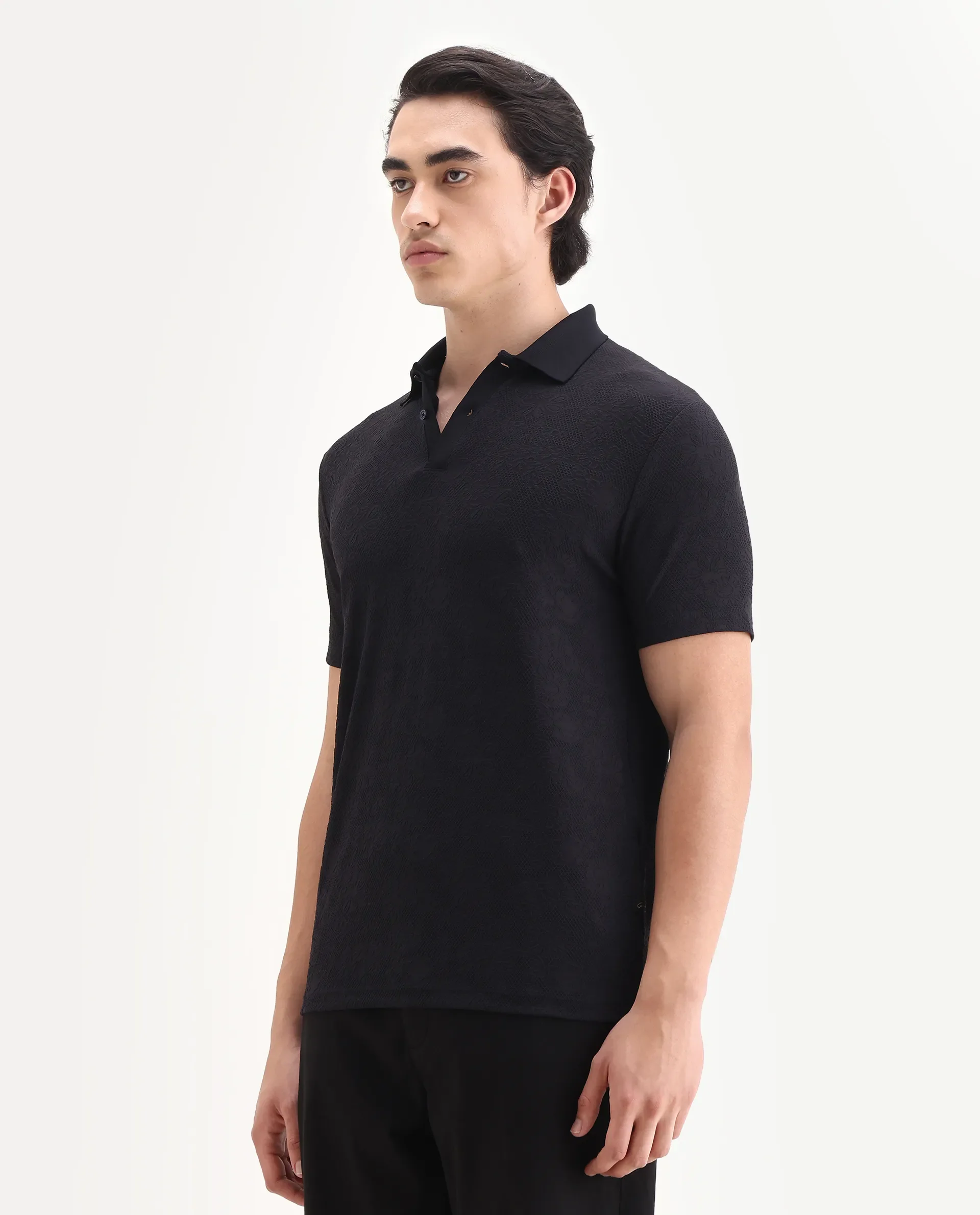 Rare Rabbit Men's Criuse Navy Polyester Jacquard Regular Fit Half Sleeve Polo - Image 4