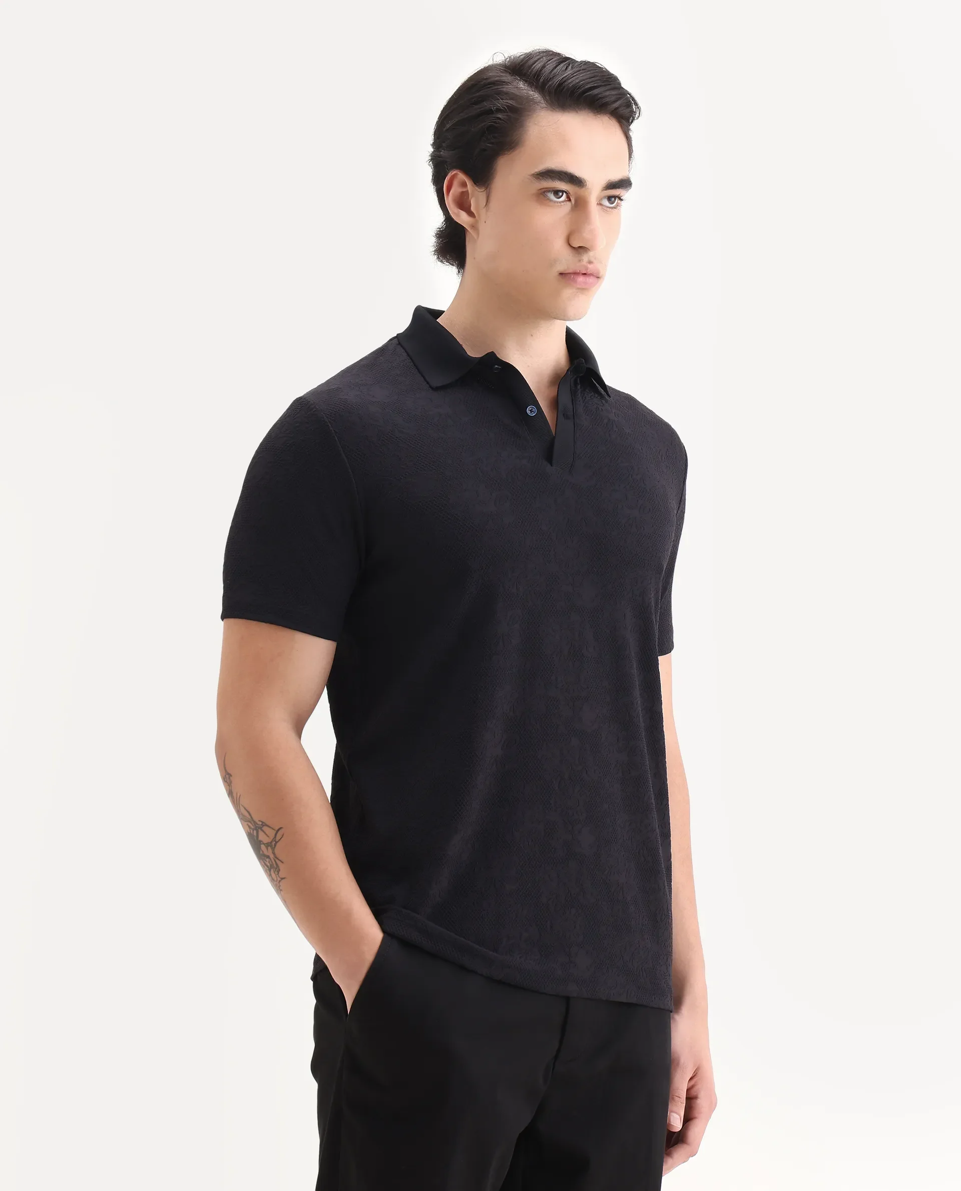 Rare Rabbit Men's Criuse Navy Polyester Jacquard Regular Fit Half Sleeve Polo - Image 5