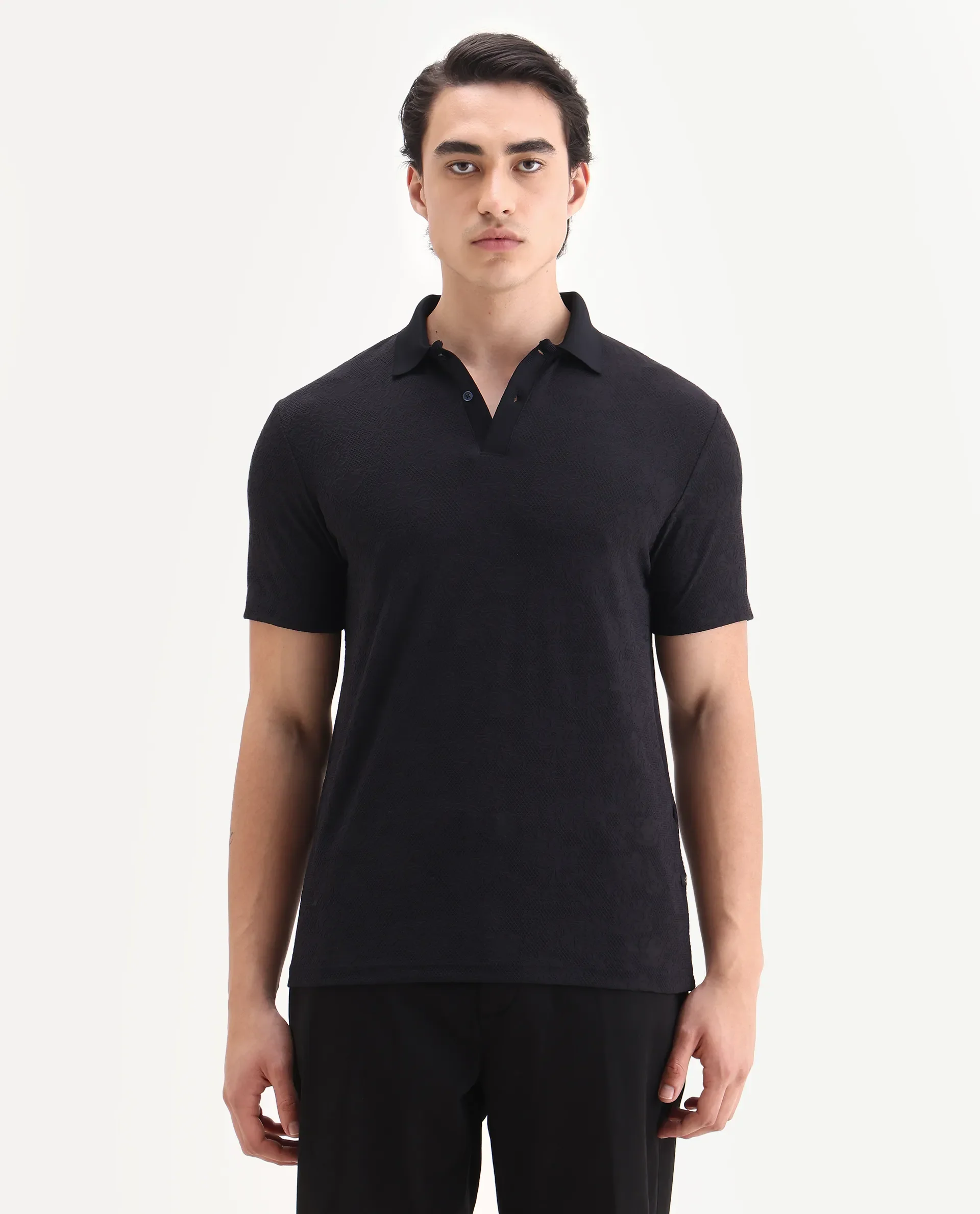 Rare Rabbit Men's Criuse Navy Polyester Jacquard Regular Fit Half Sleeve Polo - Image 6