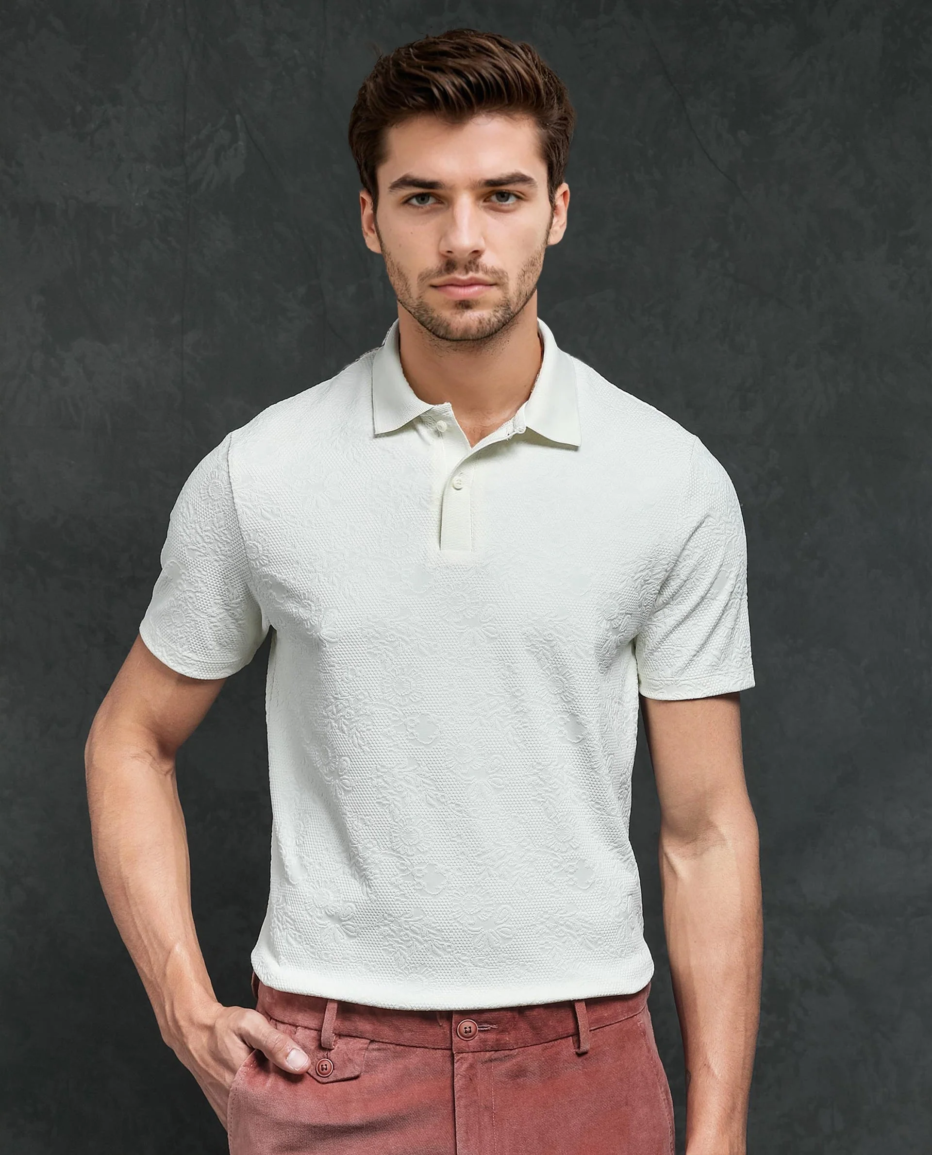 Rare Rabbit Men's Criuse Off White Polyester Jacquard Regular Fit Half Sleeve Polo