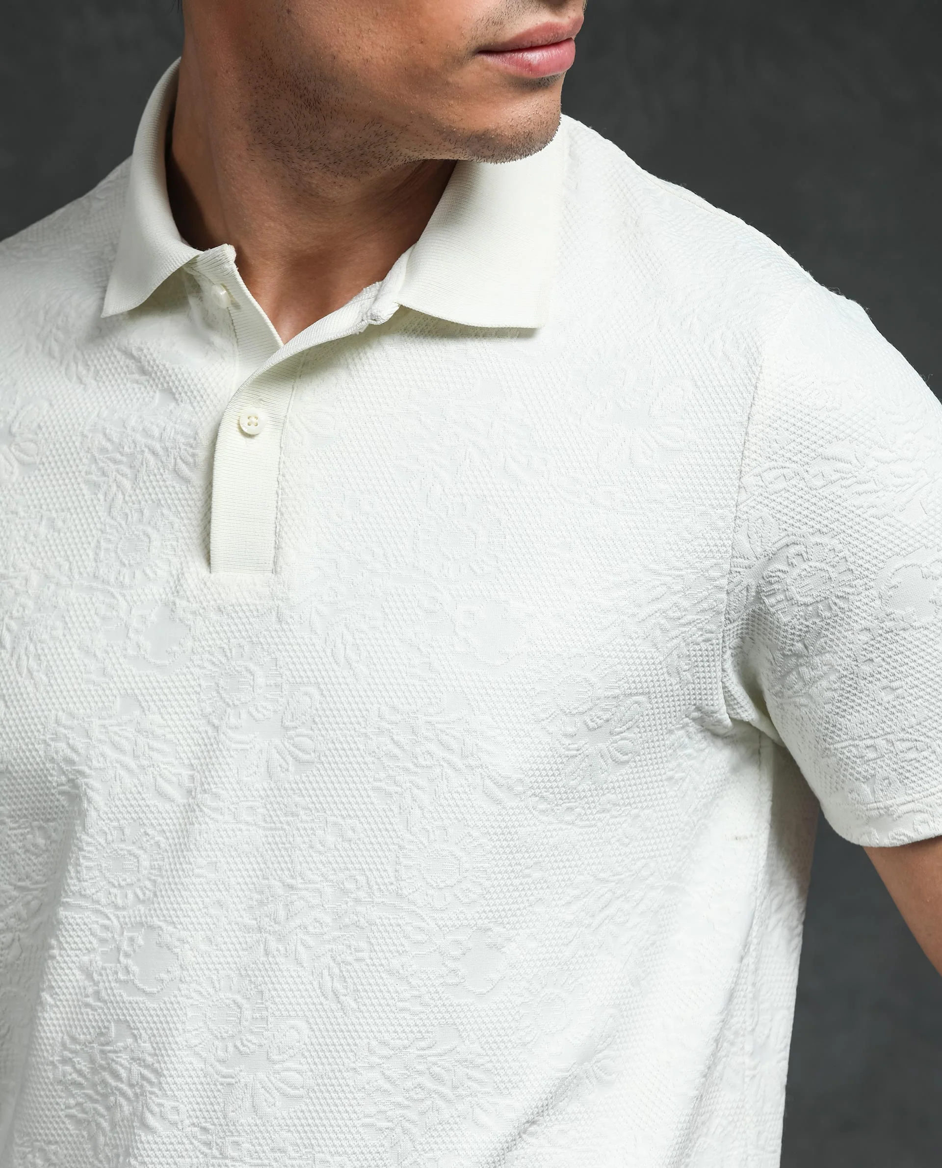 Rare Rabbit Men's Criuse Off White Polyester Jacquard Regular Fit Half Sleeve Polo - Image 2