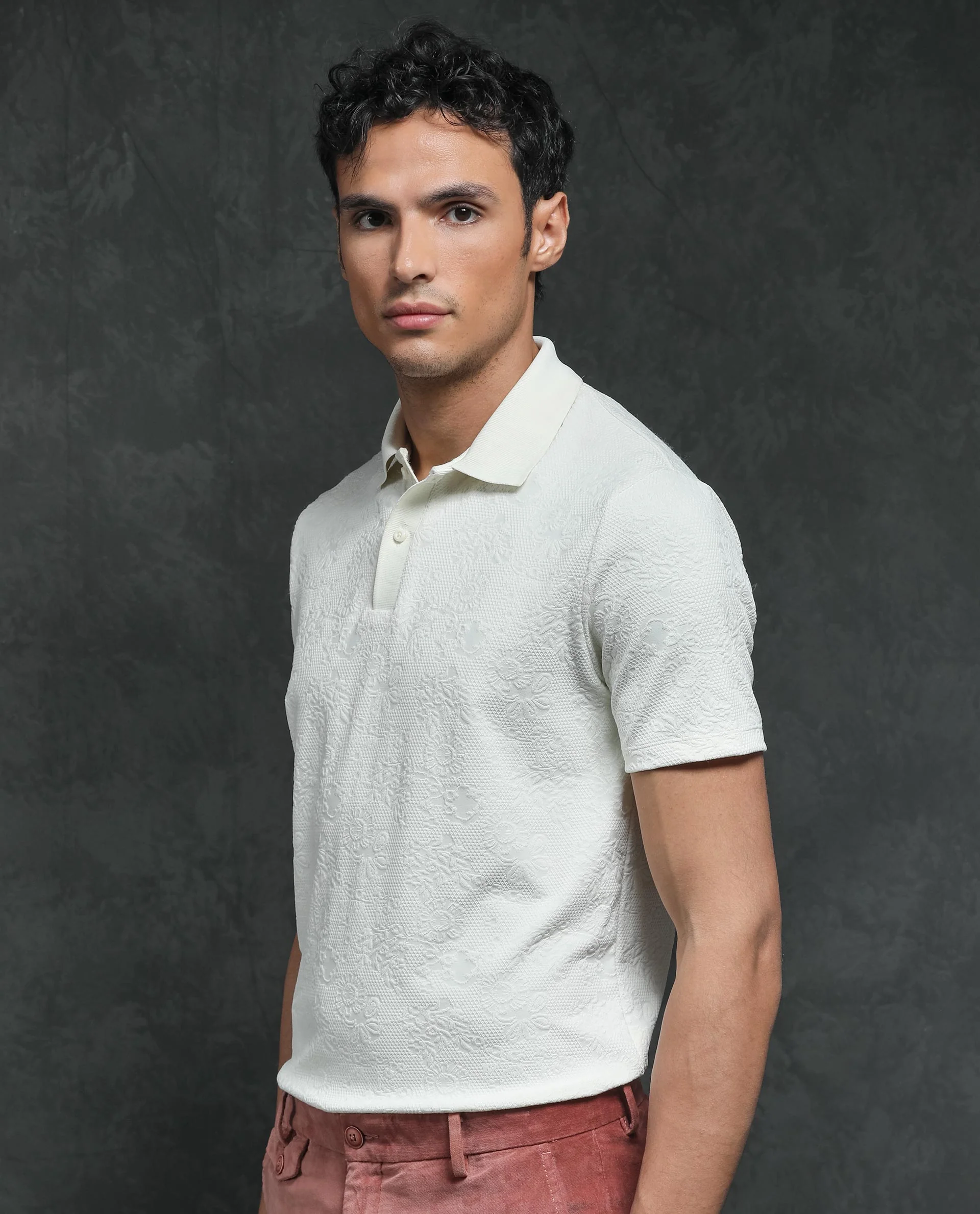 Rare Rabbit Men's Criuse Off White Polyester Jacquard Regular Fit Half Sleeve Polo - Image 3