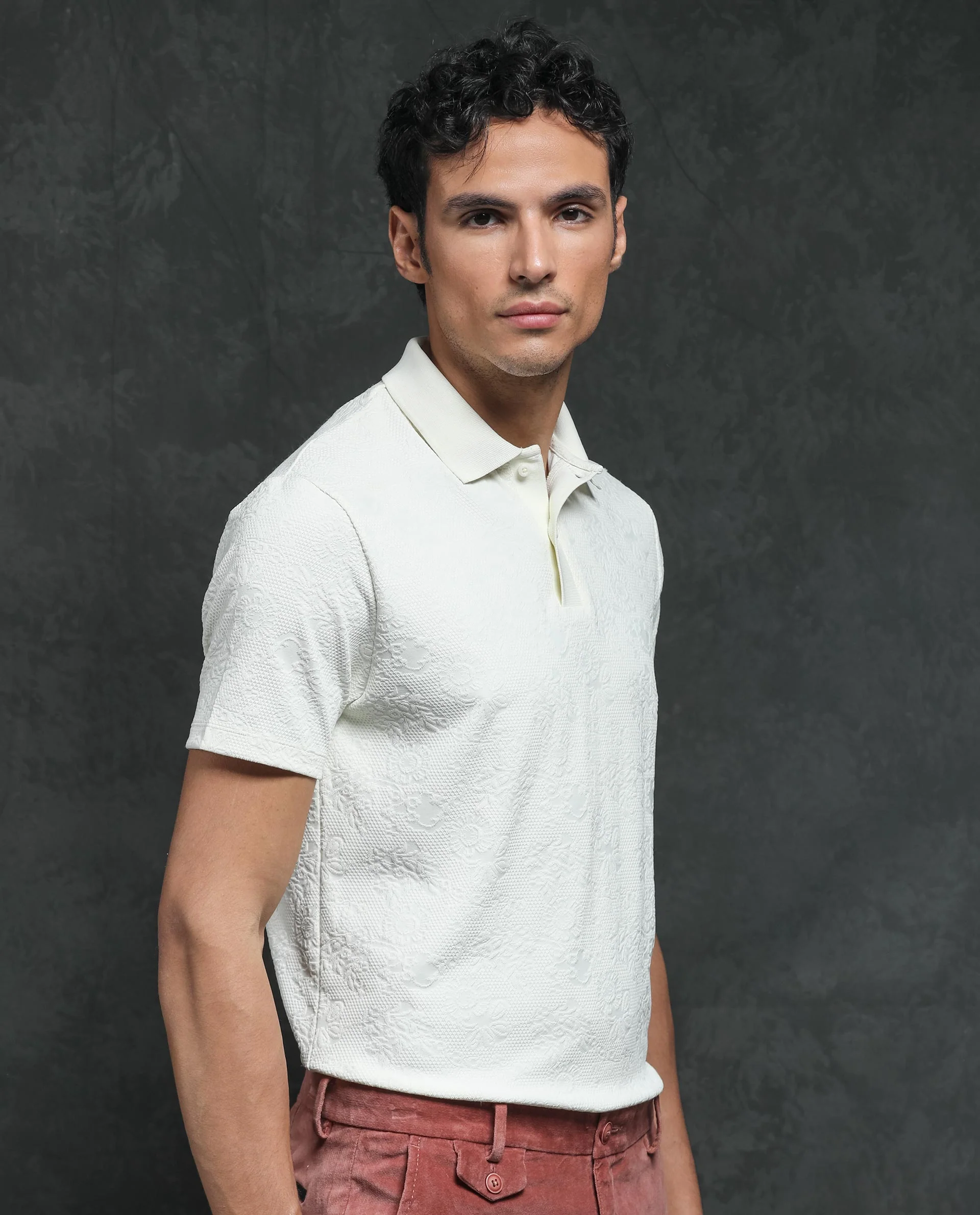 Rare Rabbit Men's Criuse Off White Polyester Jacquard Regular Fit Half Sleeve Polo - Image 4