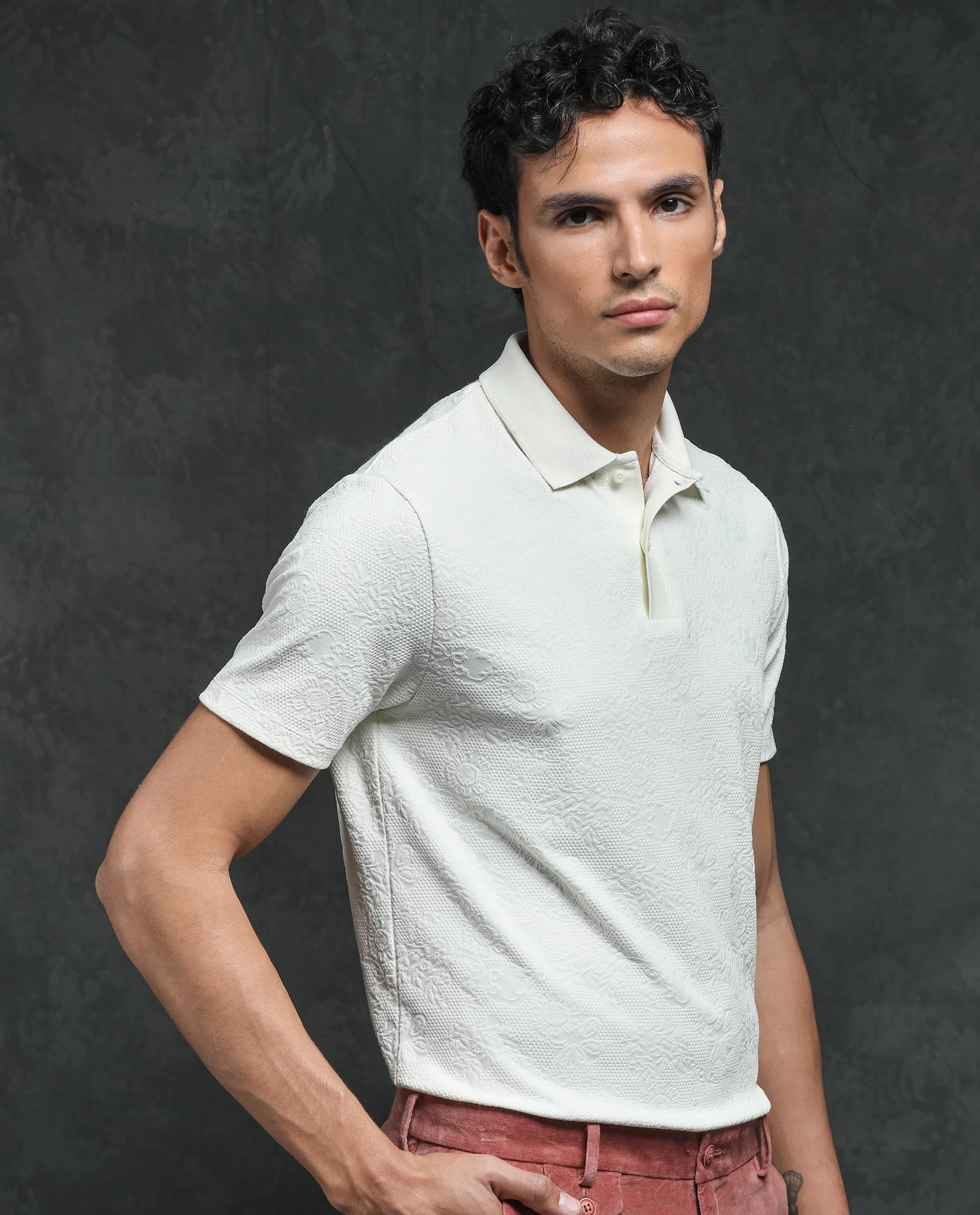 Rare Rabbit Men's Criuse Off White Polyester Jacquard Regular Fit Half Sleeve Polo - Image 5
