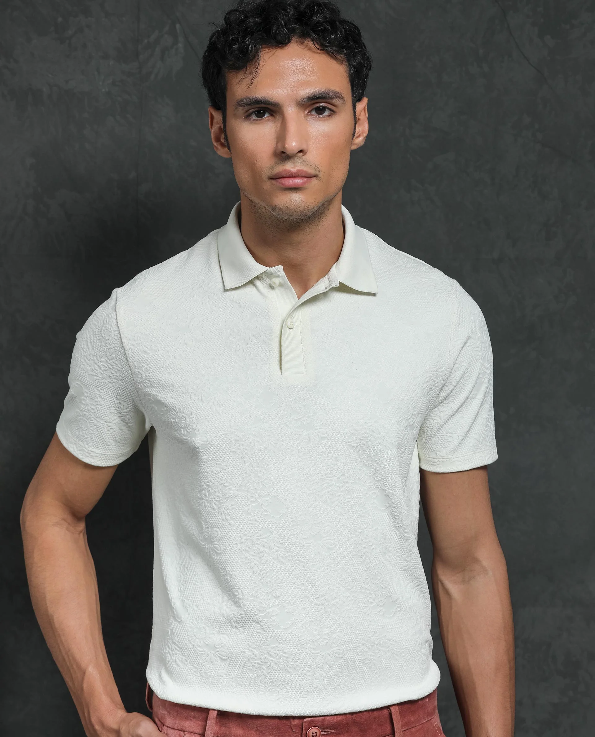 Rare Rabbit Men's Criuse Off White Polyester Jacquard Regular Fit Half Sleeve Polo - Image 6
