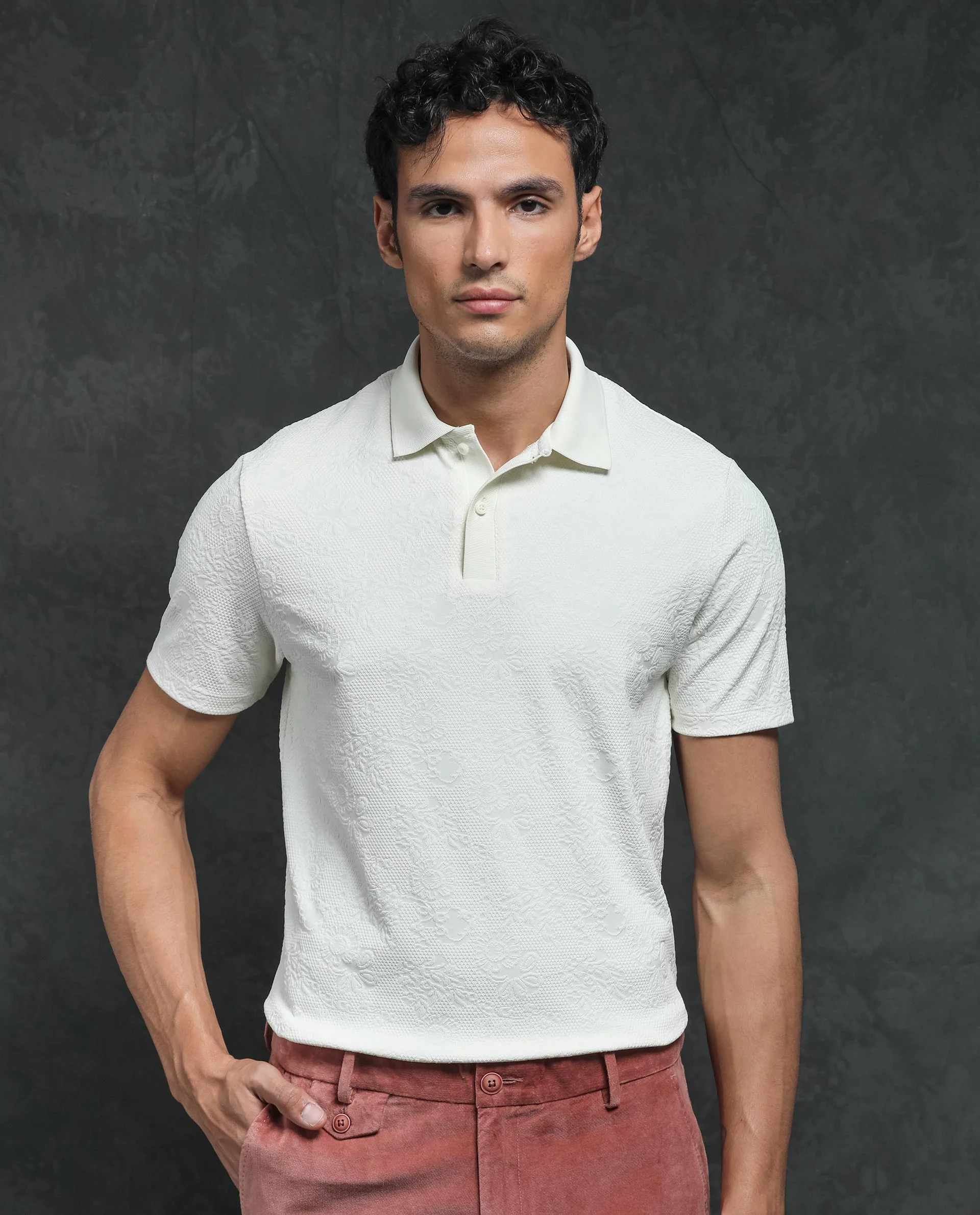 Rare Rabbit Men's Criuse Off White Polyester Jacquard Regular Fit Half Sleeve Polo - Image 7