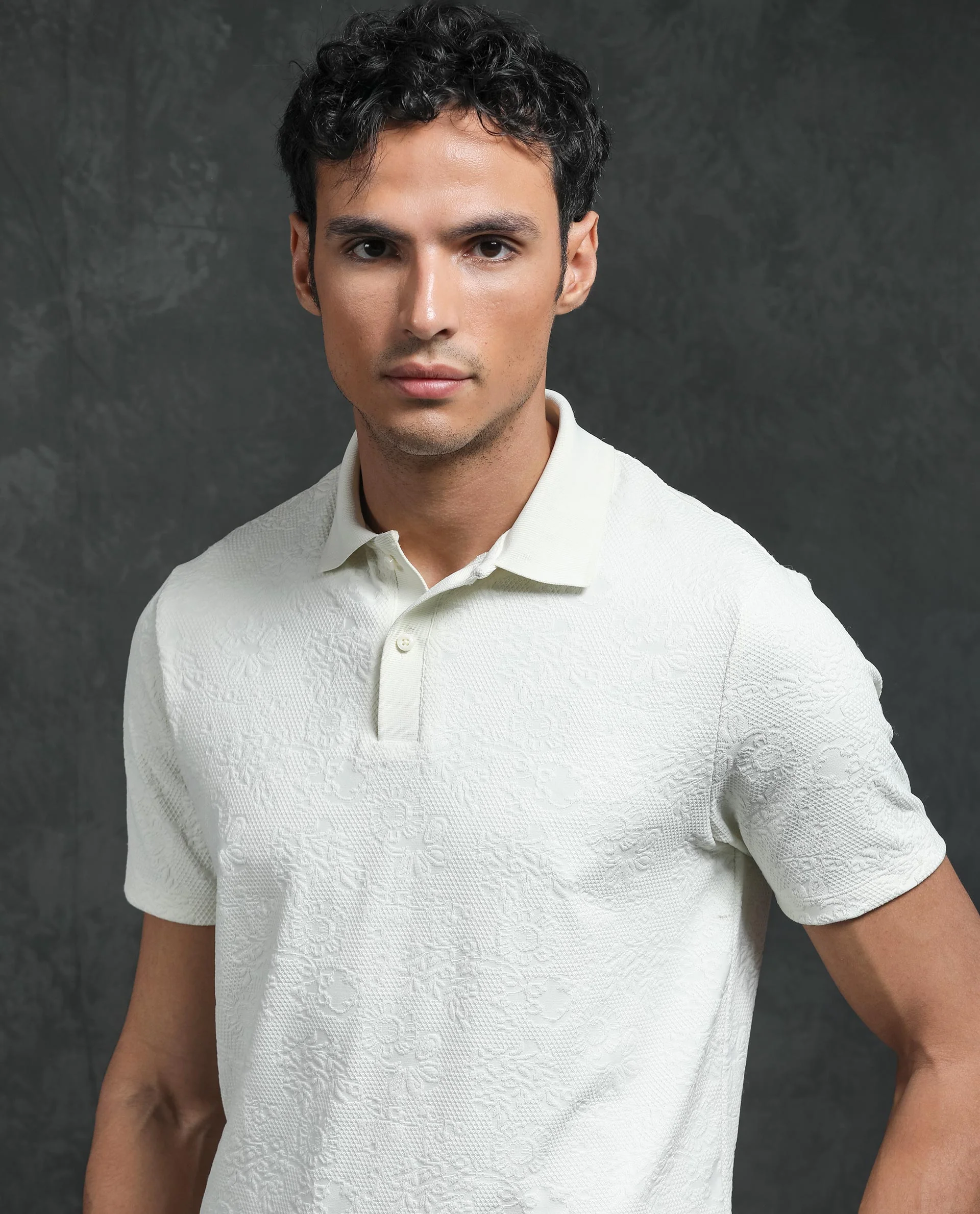 Rare Rabbit Men's Criuse Off White Polyester Jacquard Regular Fit Half Sleeve Polo - Image 9