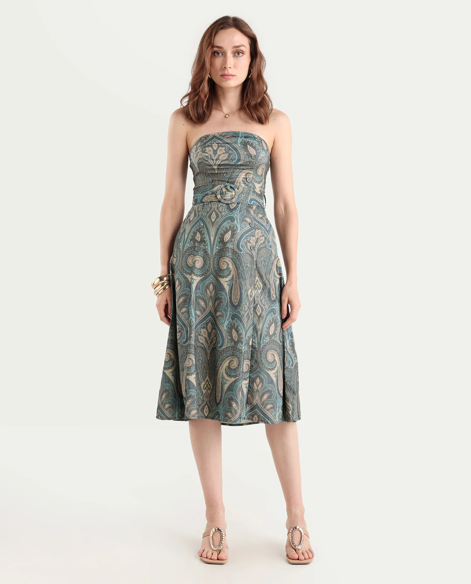 Rareism Women's Croati Multi Cotton Blend Tube Neck Paisley Print Sleeveless Midi Flared Dress - Image 4