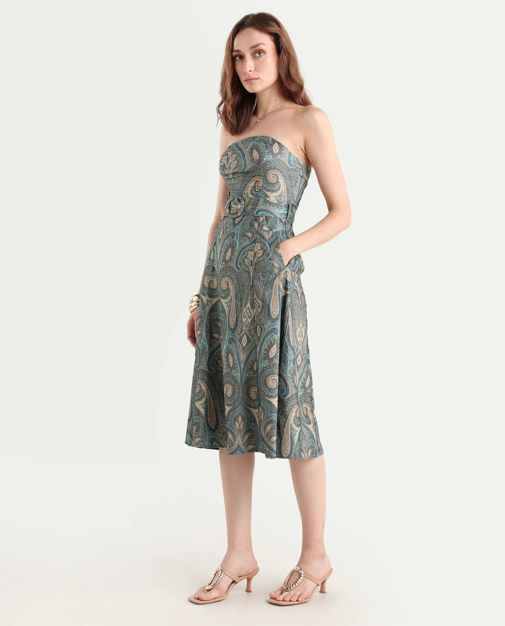 Rareism Women's Croati Multi Cotton Blend Tube Neck Paisley Print Sleeveless Midi Flared Dress - Image 5