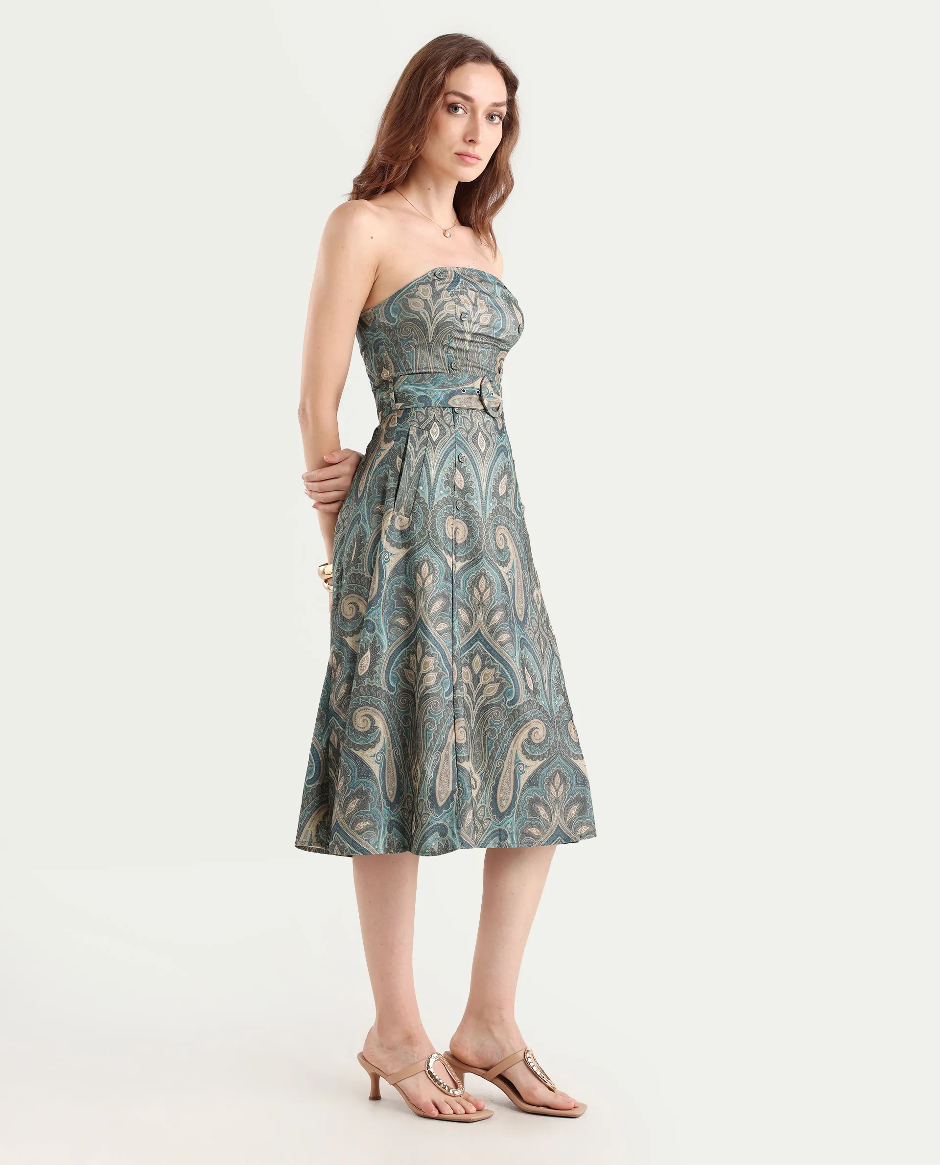 Rareism Women's Croati Multi Cotton Blend Tube Neck Paisley Print Sleeveless Midi Flared Dress - Image 6