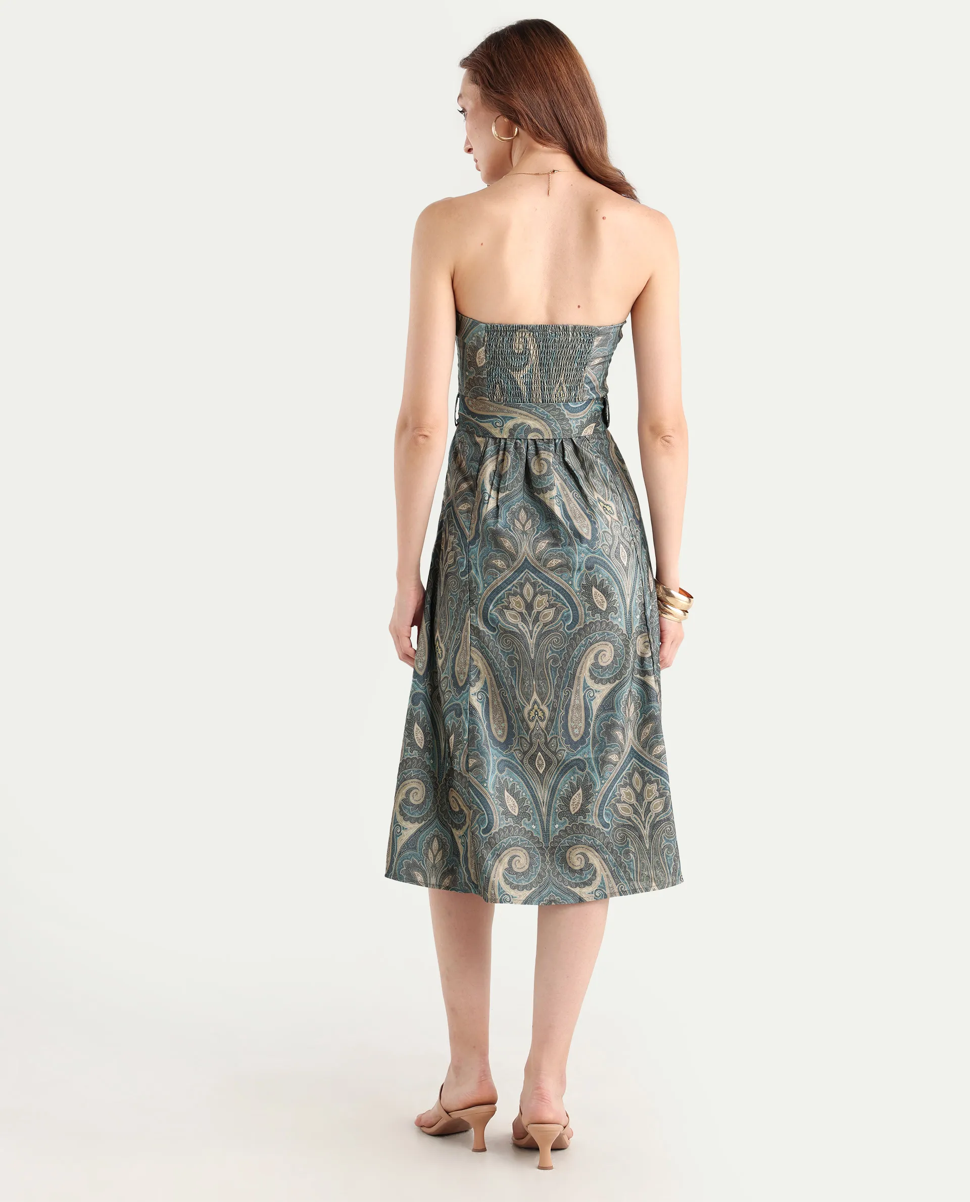 Rareism Women's Croati Multi Cotton Blend Tube Neck Paisley Print Sleeveless Midi Flared Dress - Image 7