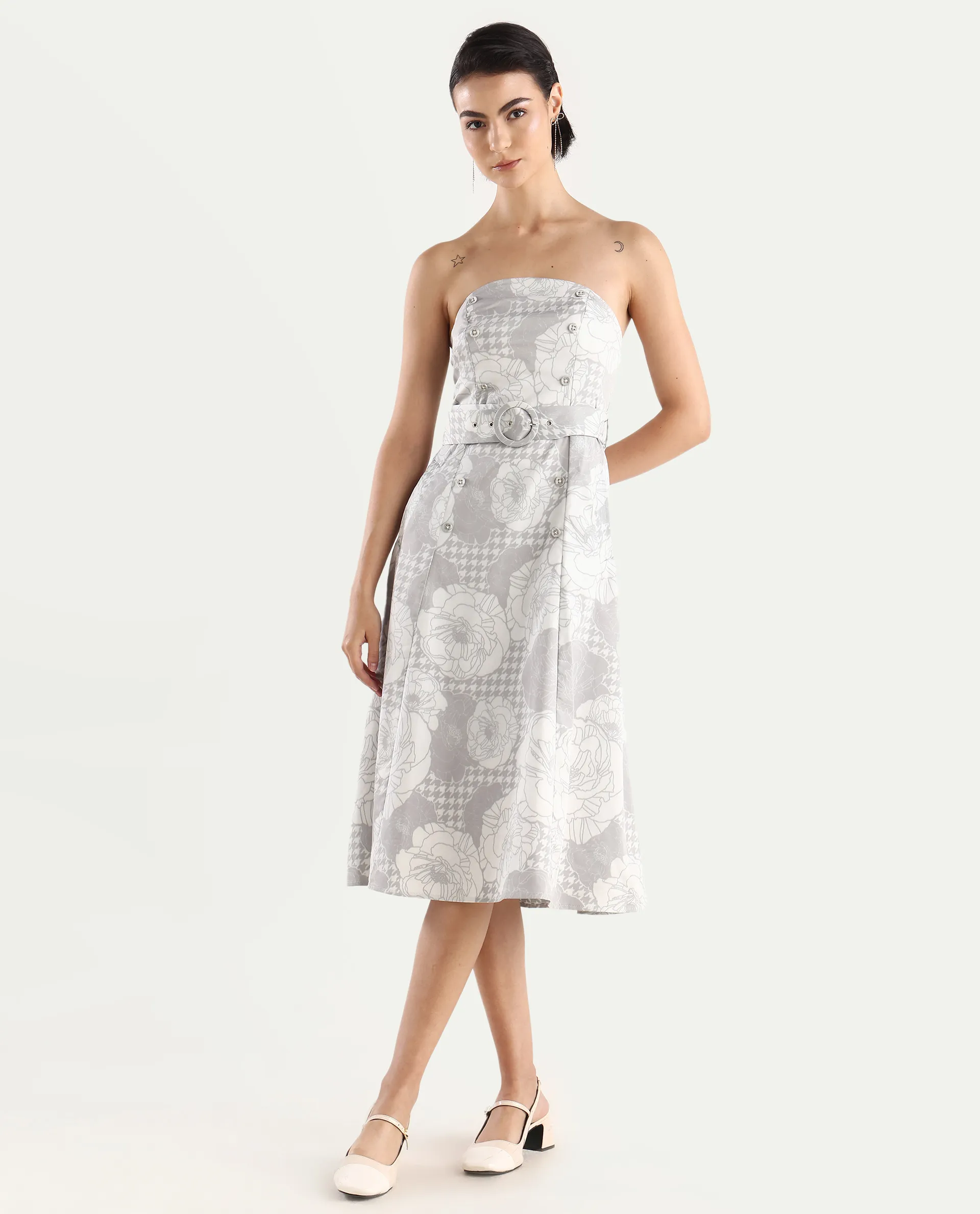 Rareism Women's Croatink Multi Cotton Blend Tube Neck Floral Print Sleeveless Midi Flared Dress - Image 2