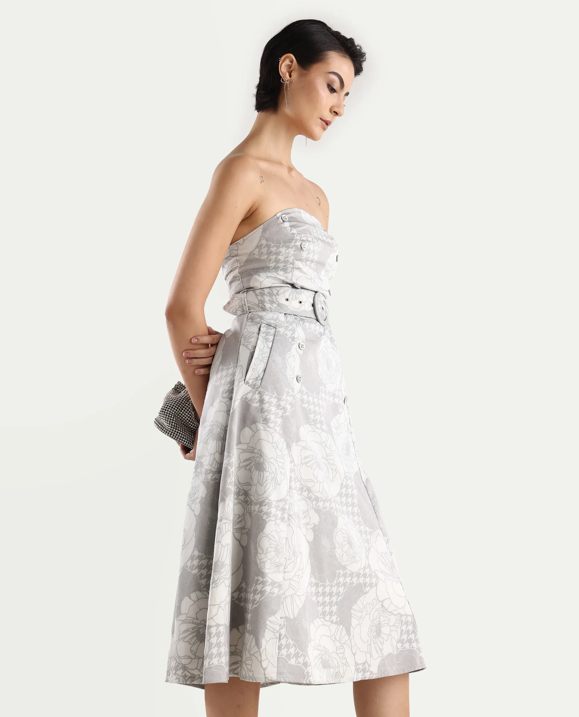 Rareism Women's Croatink Multi Cotton Blend Tube Neck Floral Print Sleeveless Midi Flared Dress - Image 5