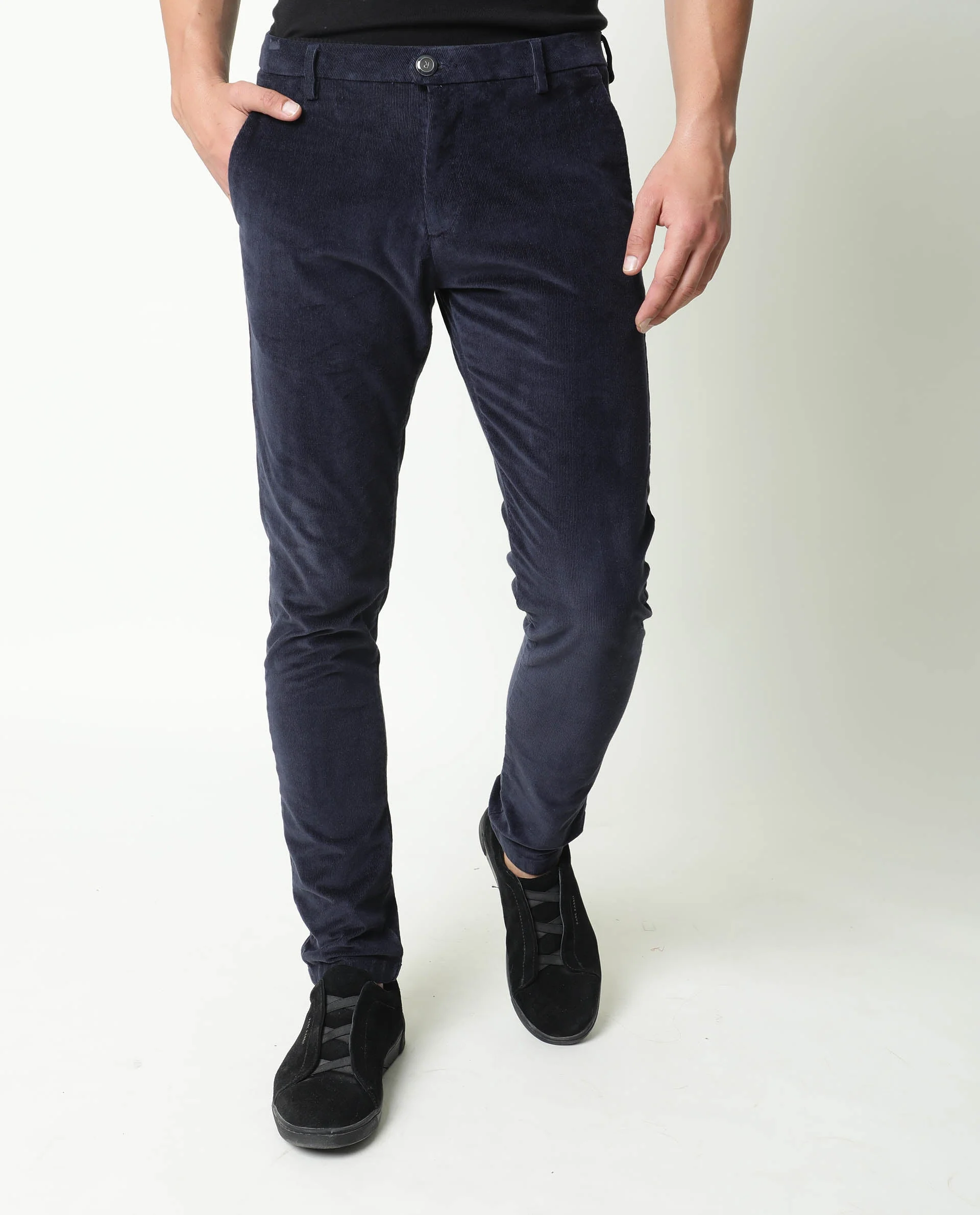 Rare Rabbit Men's Croc Navy Cotton Plain Slim Fit Trouser