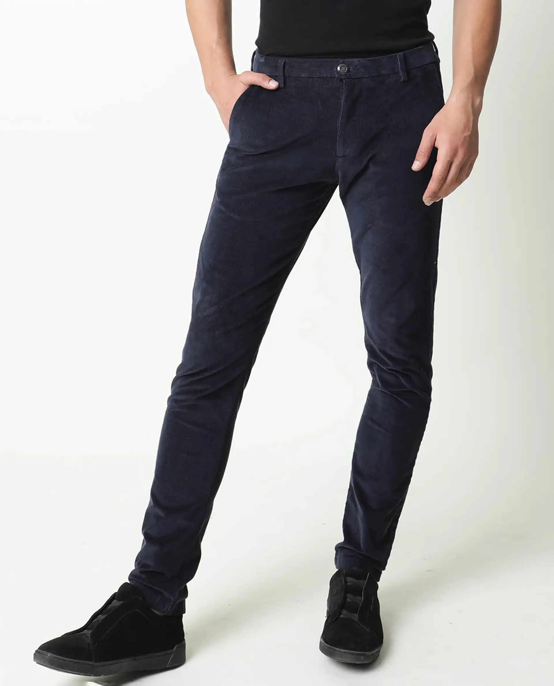 Rare Rabbit Men's Croc Navy Cotton Plain Slim Fit Trouser - Image 9