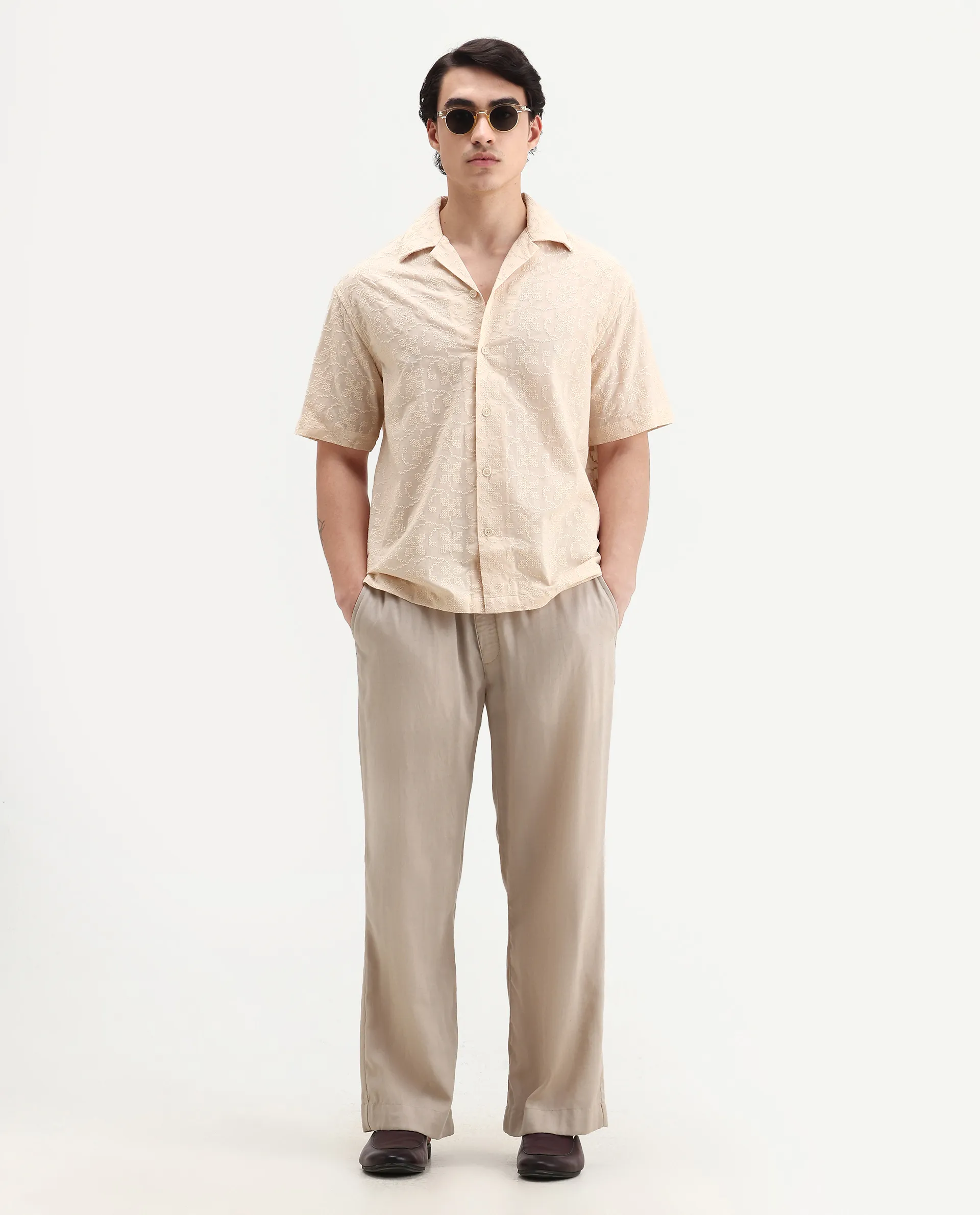 Rare Rabbit Men's Crof Beige Cotton Embroidered Boxy Fit Half Sleeve Collared Shirt - Image 2