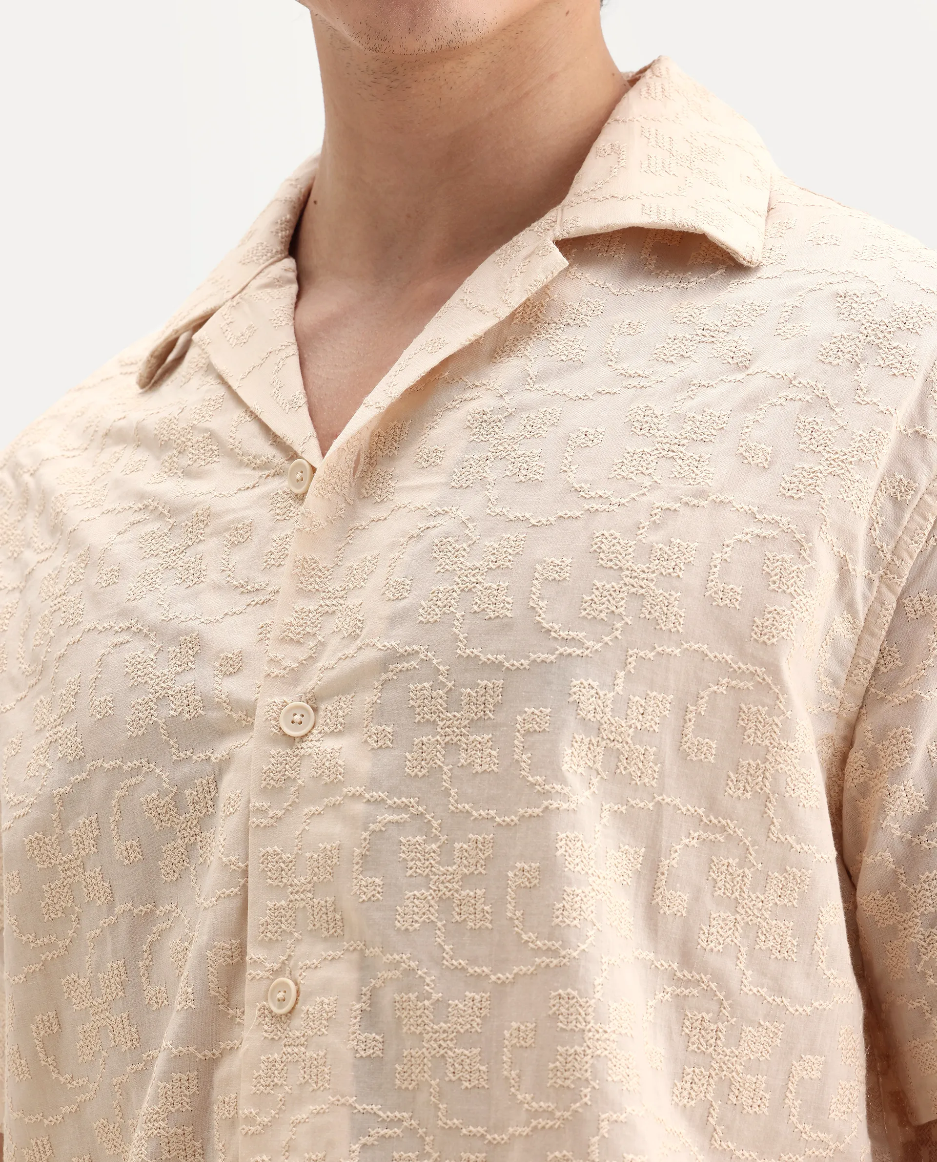Rare Rabbit Men's Crof Beige Cotton Embroidered Boxy Fit Half Sleeve Collared Shirt - Image 3