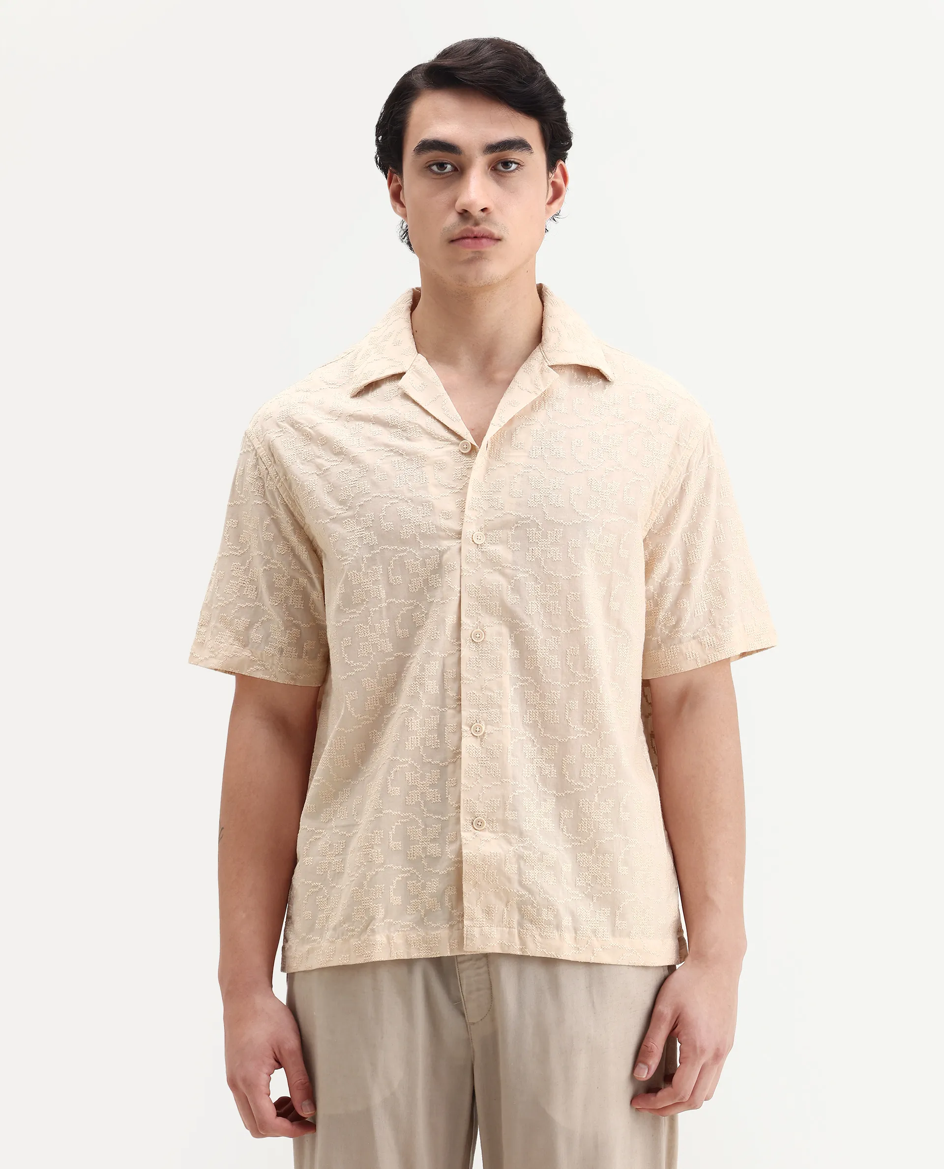 Rare Rabbit Men's Crof Beige Cotton Embroidered Boxy Fit Half Sleeve Collared Shirt - Image 4