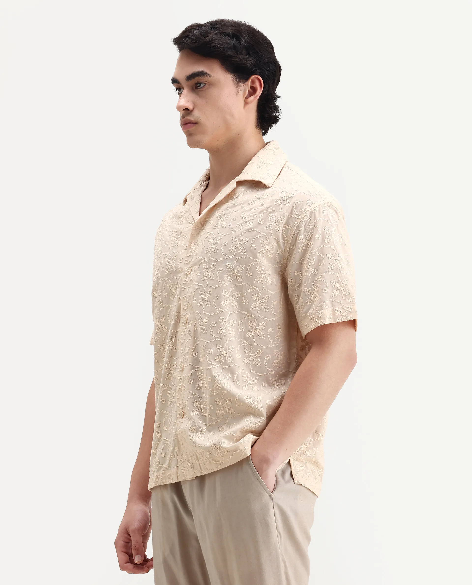 Rare Rabbit Men's Crof Beige Cotton Embroidered Boxy Fit Half Sleeve Collared Shirt - Image 5