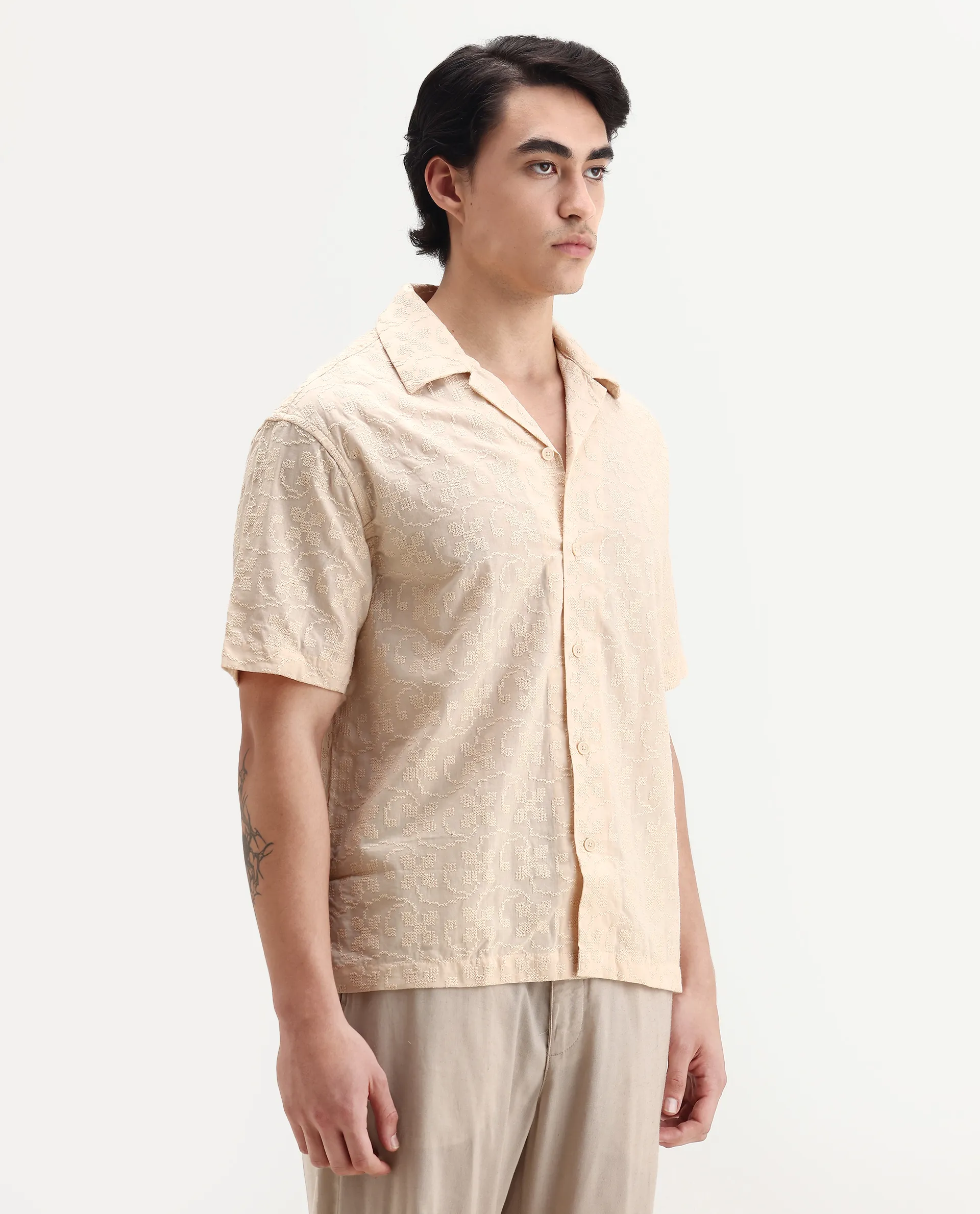 Rare Rabbit Men's Crof Beige Cotton Embroidered Boxy Fit Half Sleeve Collared Shirt - Image 6