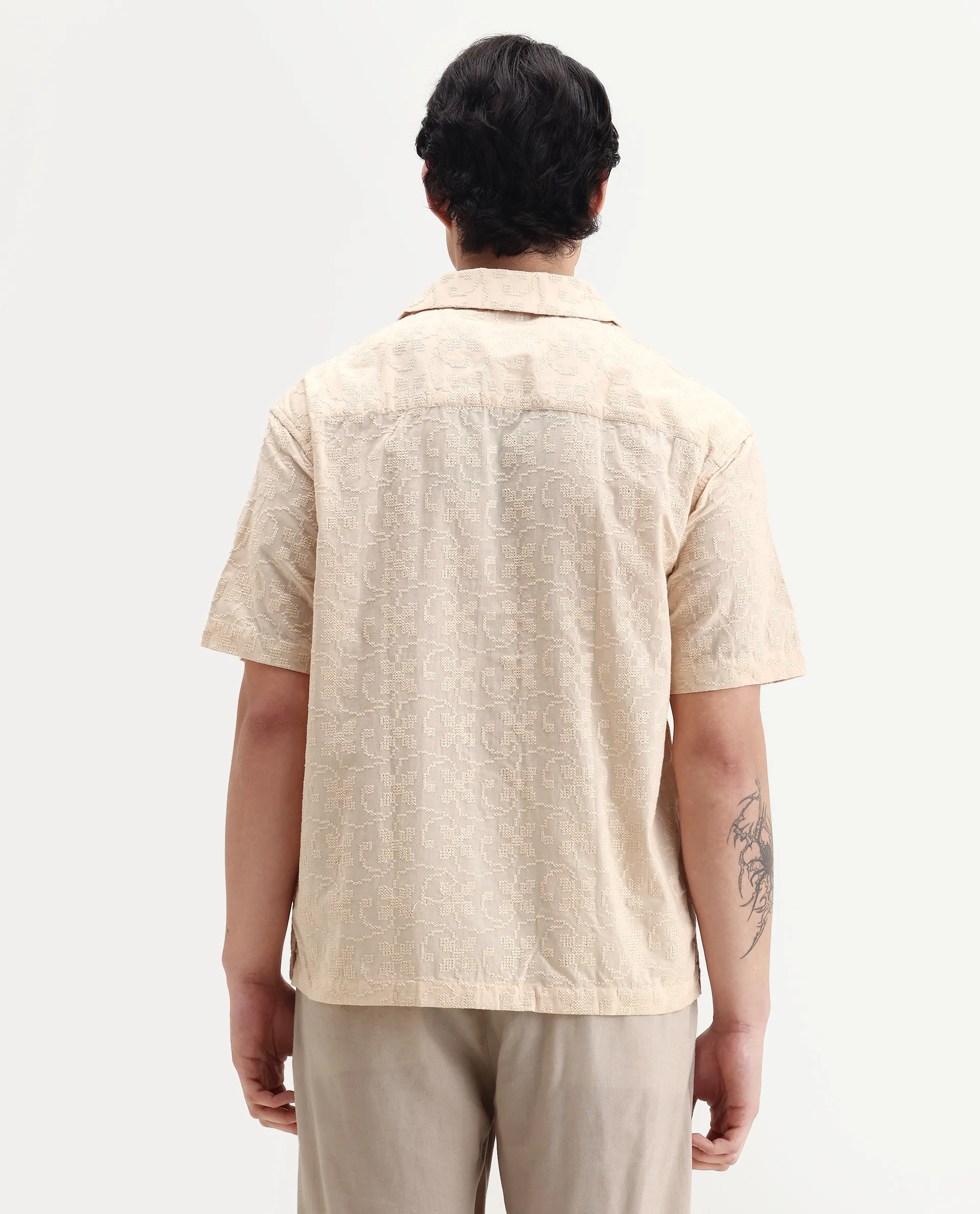Rare Rabbit Men's Crof Beige Cotton Embroidered Boxy Fit Half Sleeve Collared Shirt - Image 7
